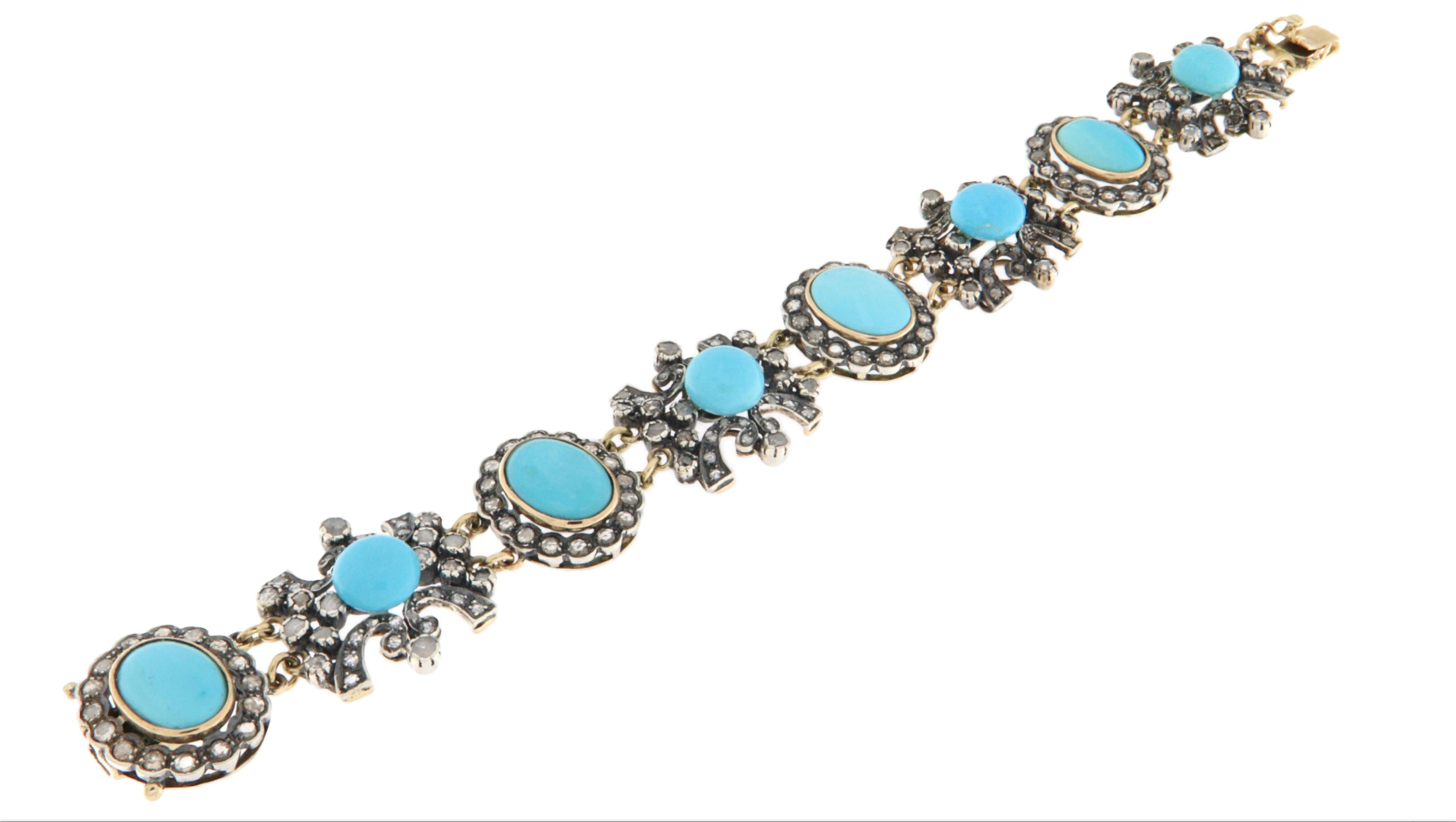 Artisan Bracelet manchette en or jaune 14 carats avec turquoises et diamants en vente