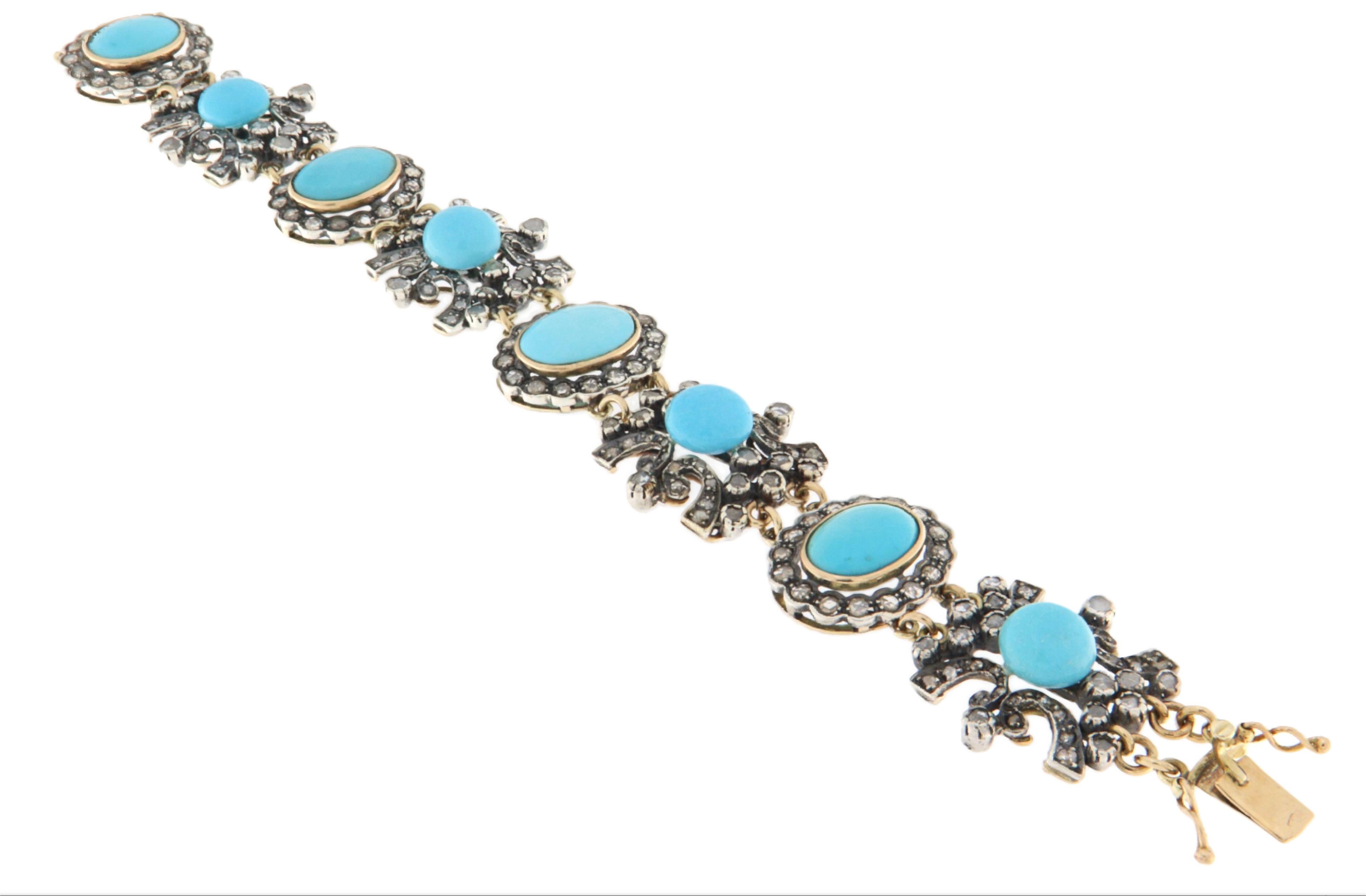 Taille rose Bracelet manchette en or jaune 14 carats avec turquoises et diamants en vente