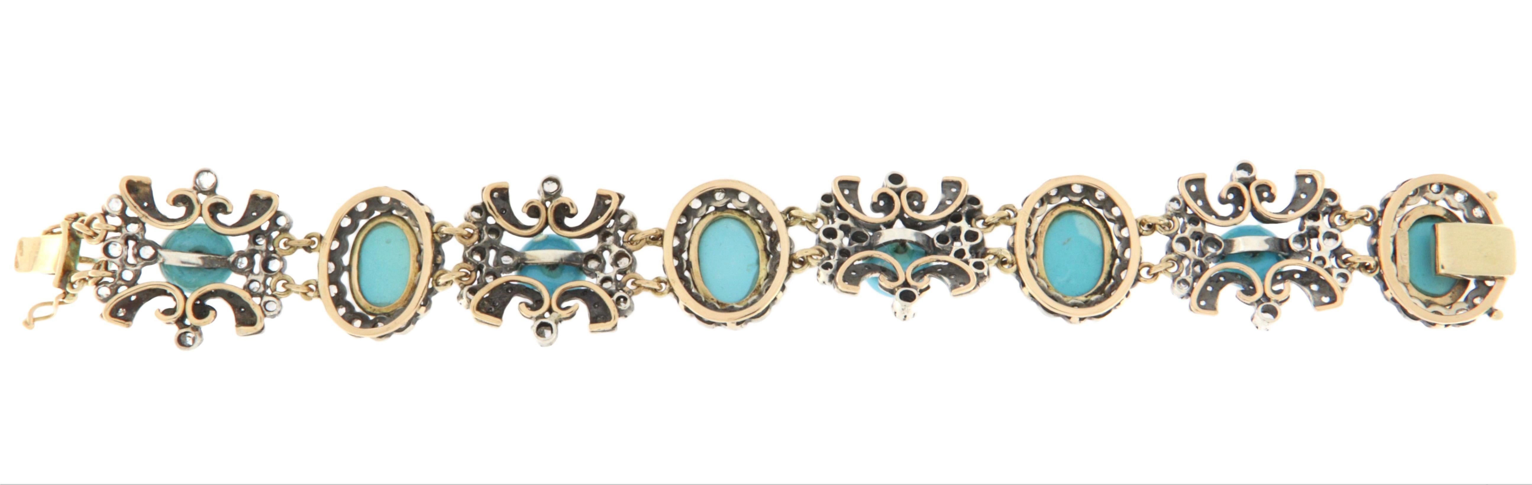 Bracelet manchette en or jaune 14 carats avec turquoises et diamants Neuf - En vente à Marcianise, IT