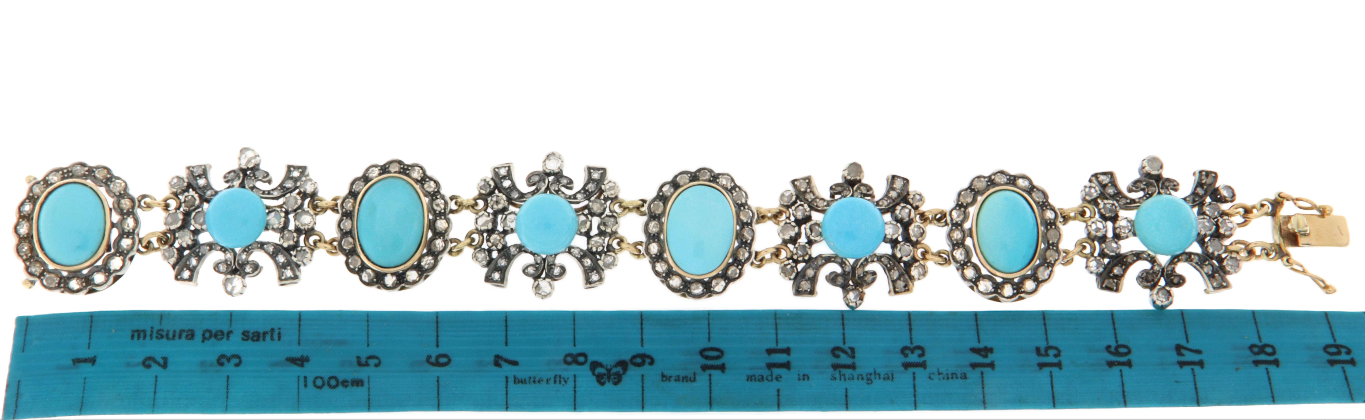 Bracelet manchette en or jaune 14 carats avec turquoises et diamants Pour femmes en vente