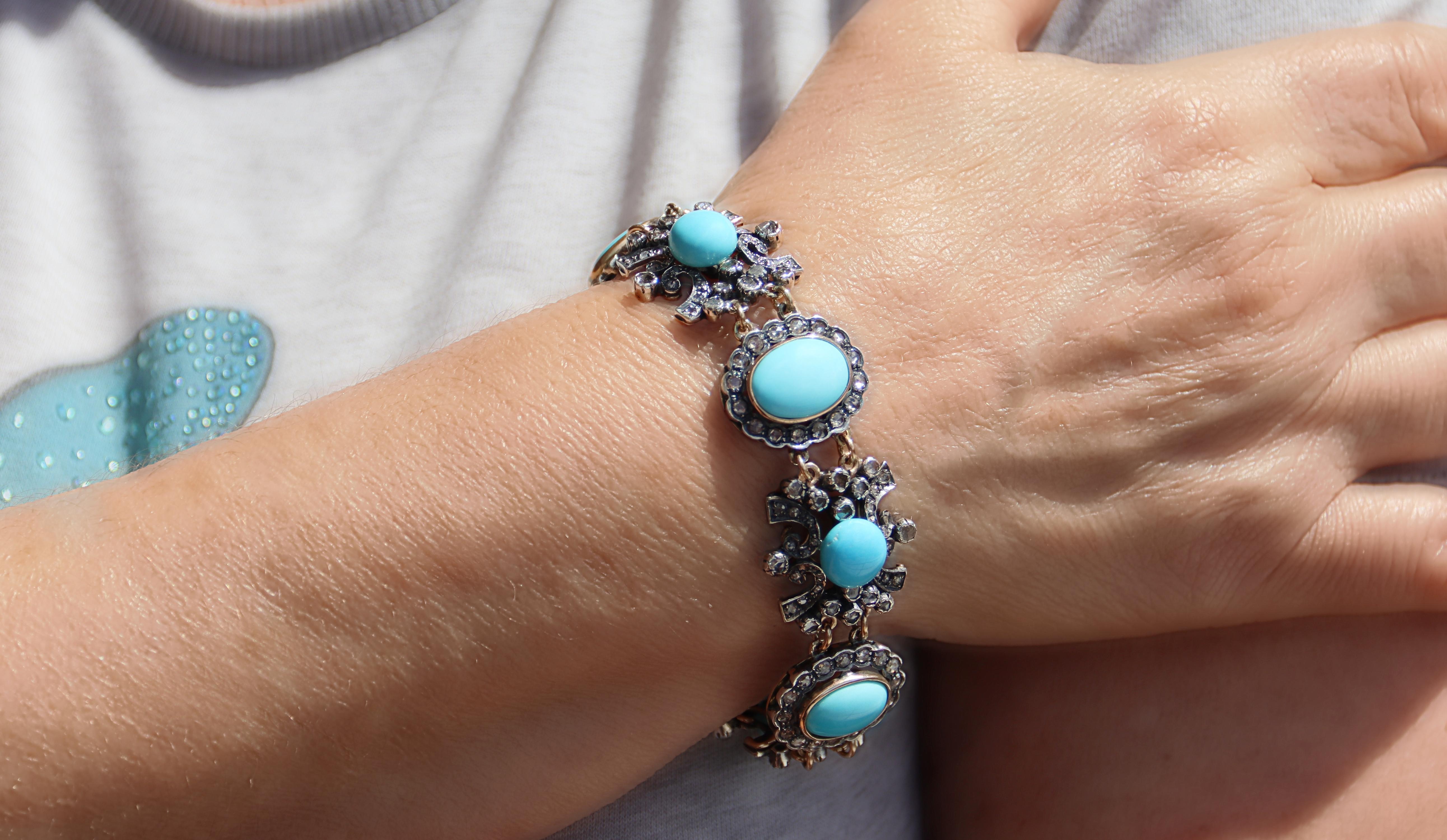 Bracelet manchette en or jaune 14 carats avec turquoises et diamants en vente 1