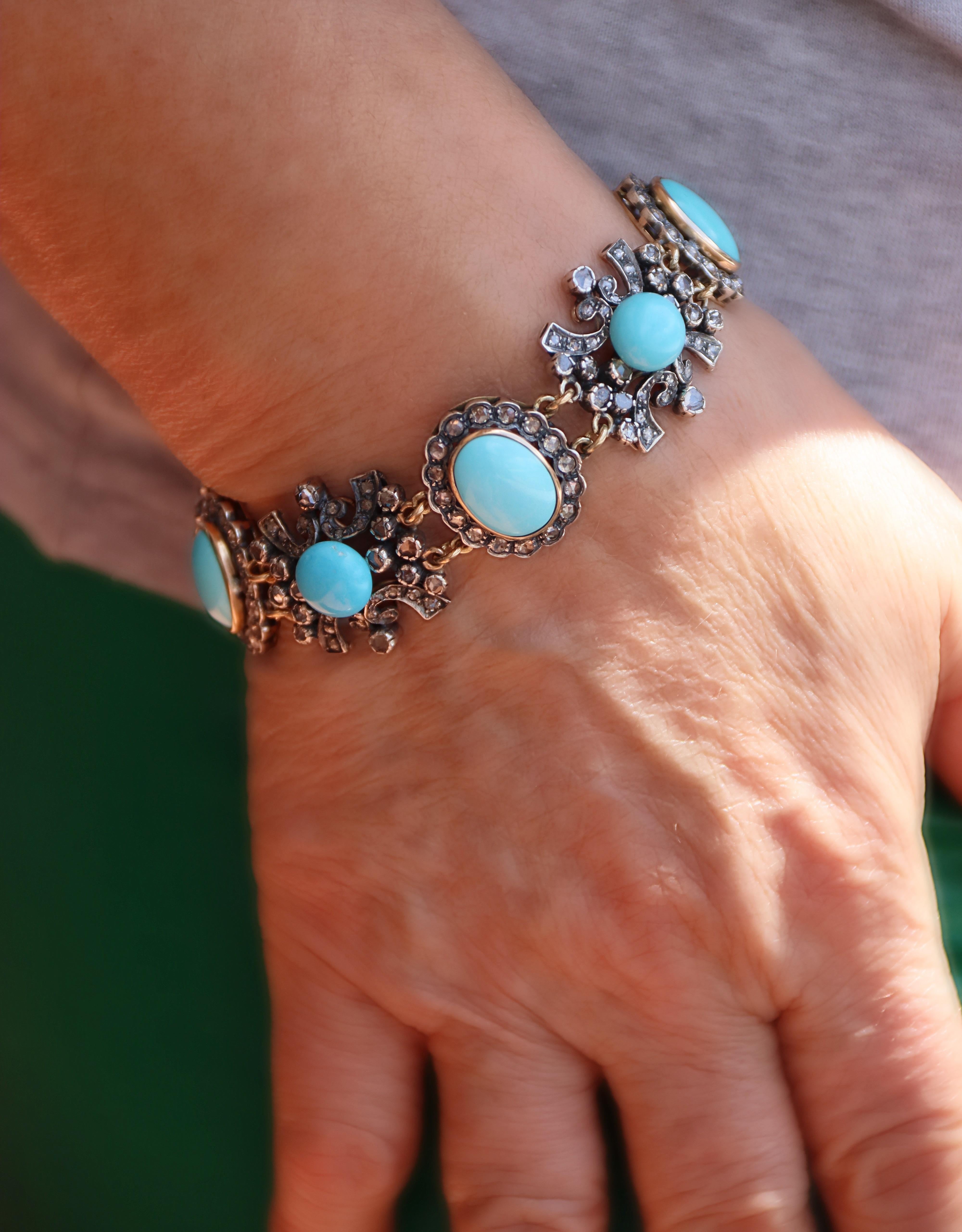 Bracelet manchette en or jaune 14 carats avec turquoises et diamants en vente 2