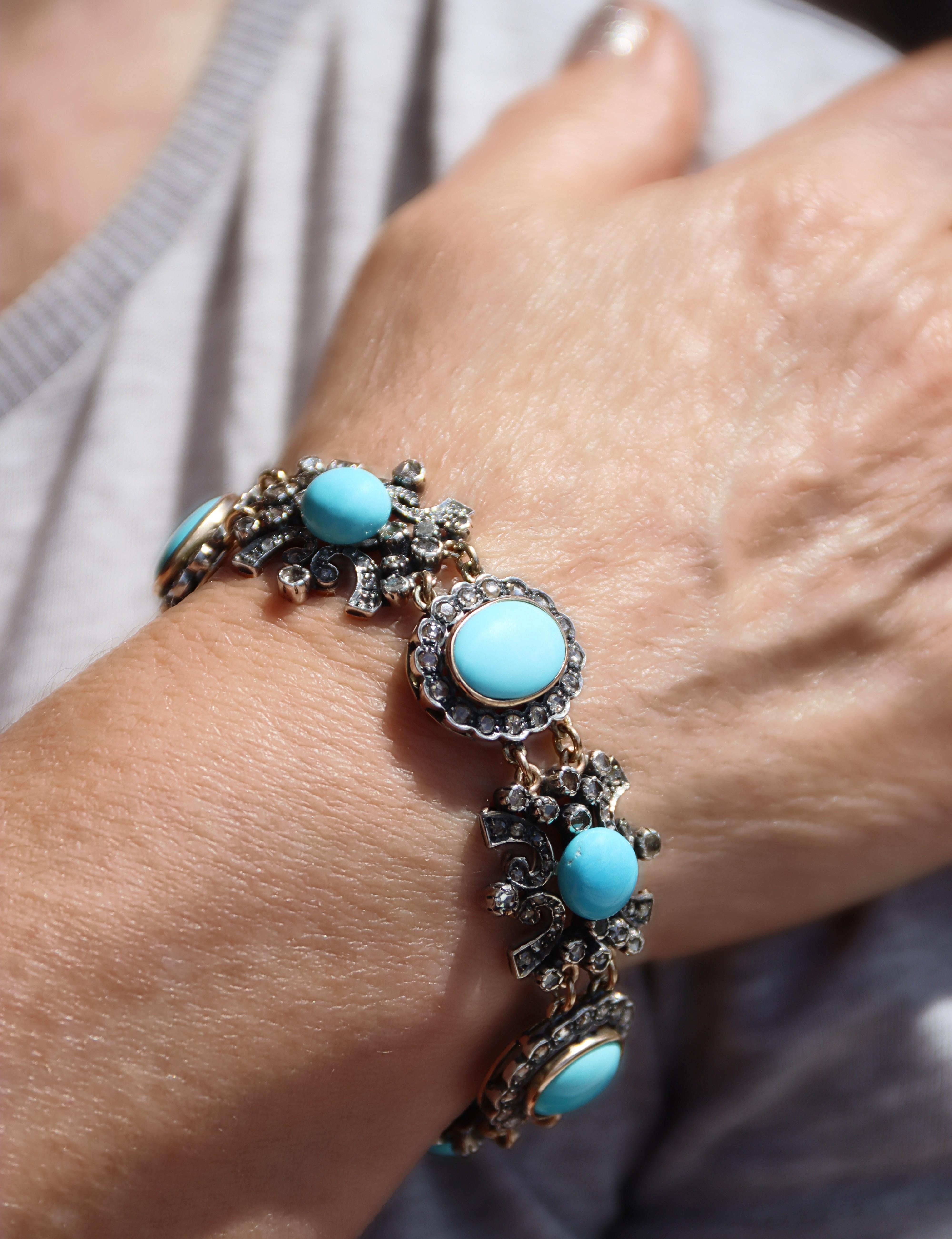 Bracelet manchette en or jaune 14 carats avec turquoises et diamants en vente 3
