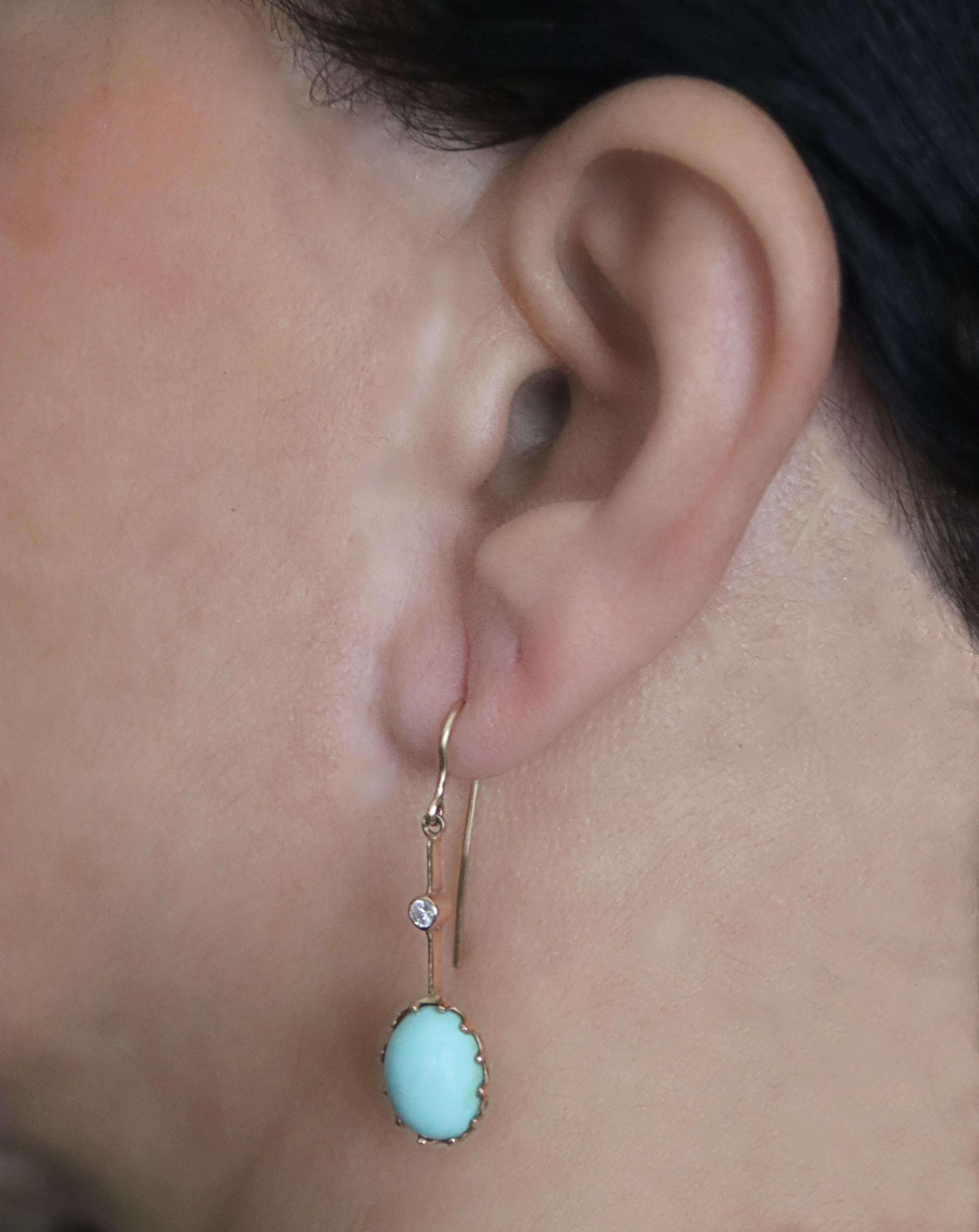 Turquoise Diamonds 14 Karat Yellow Gold Drop Earrings 4