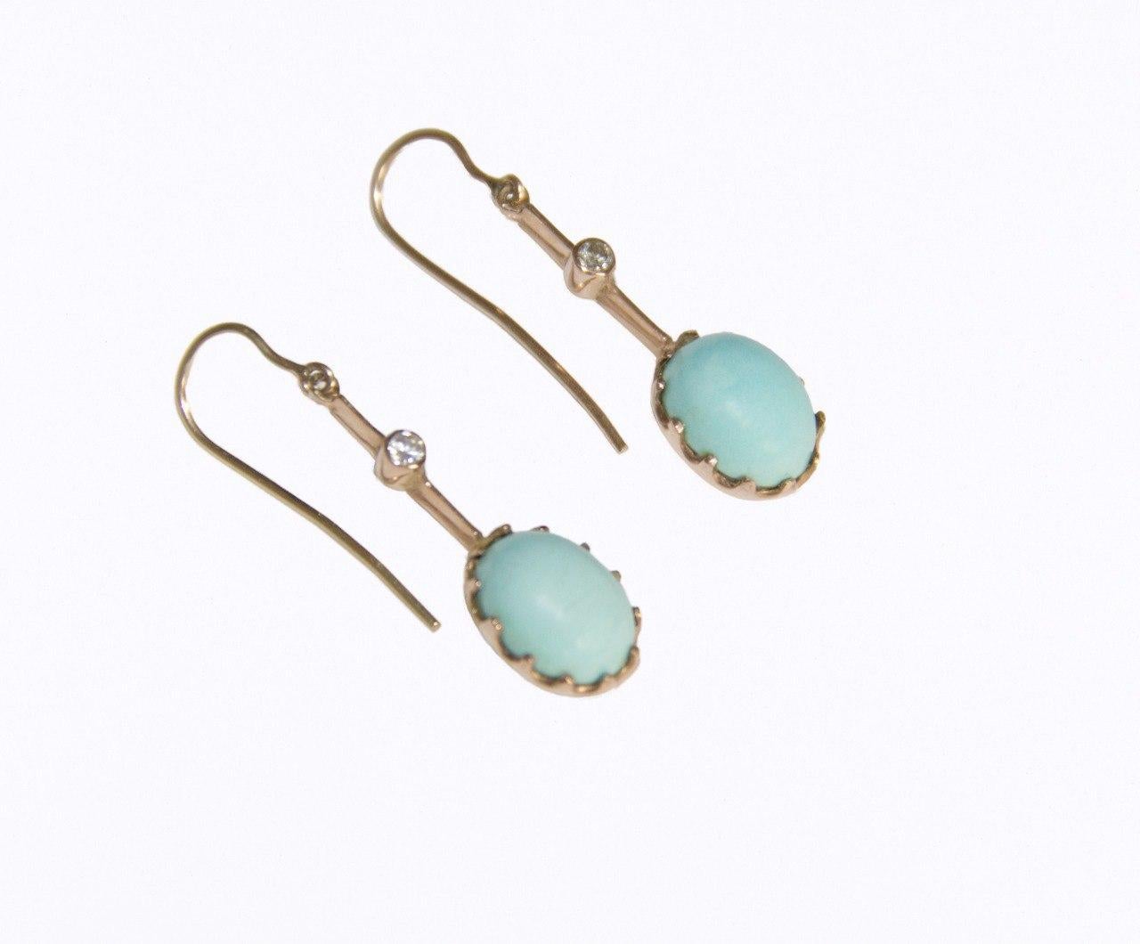 Artisan Turquoise Diamonds 14 Karat Yellow Gold Drop Earrings