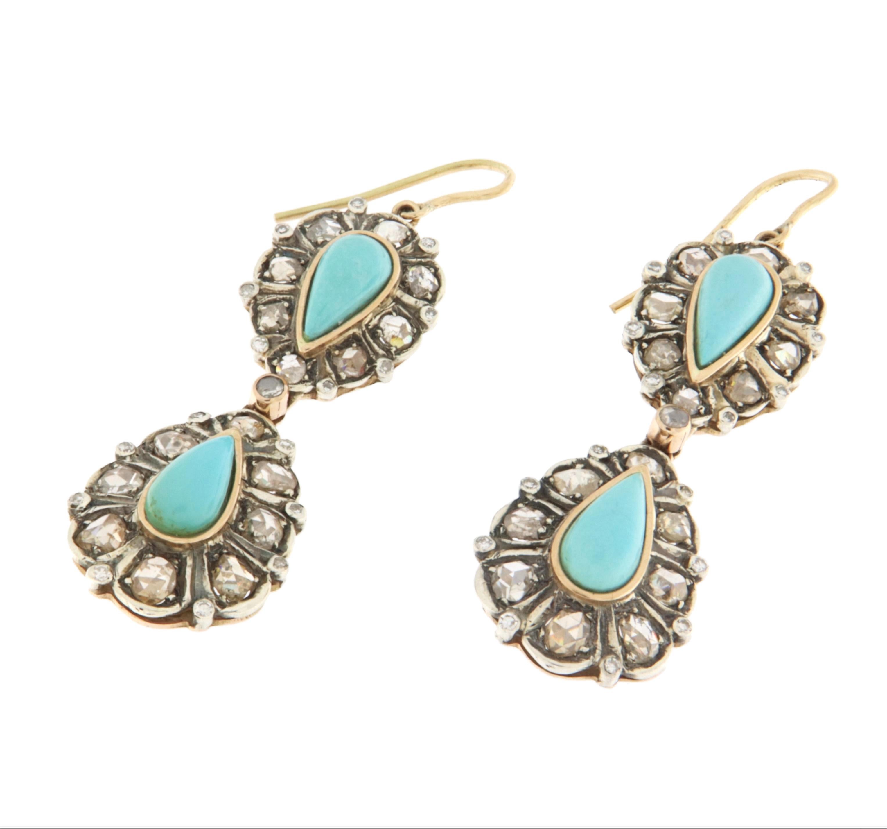 Artisan Turquoise Diamonds  14 Karat Yellow Gold Drop Earrings For Sale