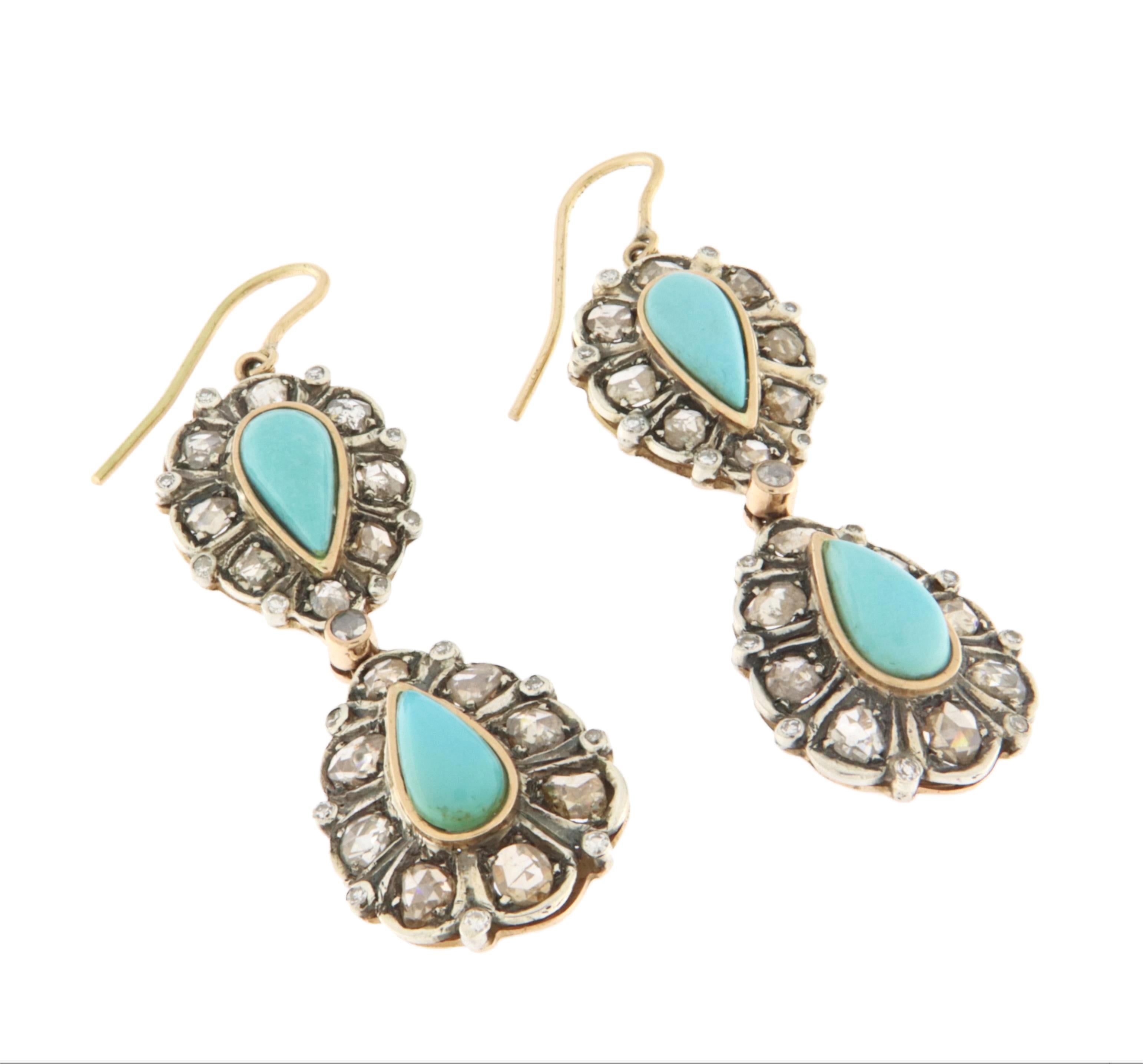 Old European Cut Turquoise Diamonds  14 Karat Yellow Gold Drop Earrings For Sale