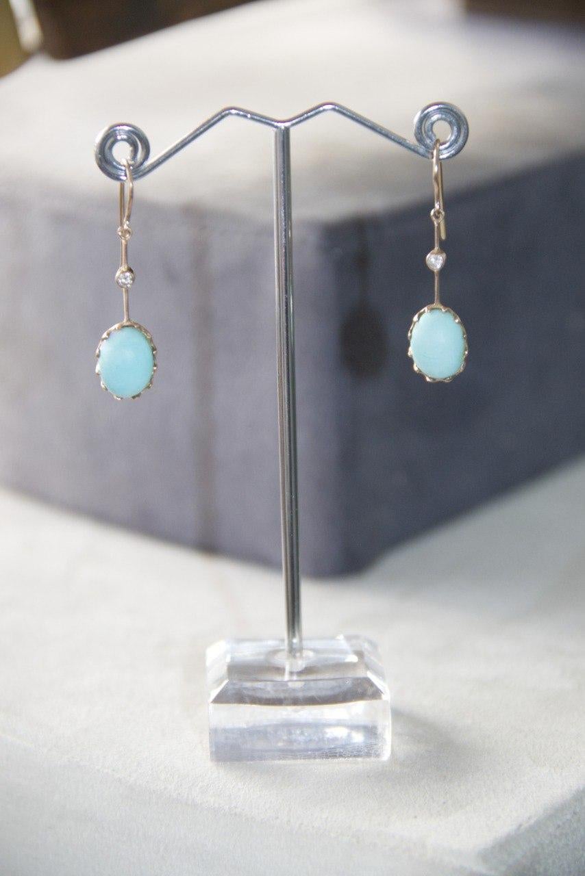 Turquoise Diamonds 14 Karat Yellow Gold Drop Earrings In New Condition In Marcianise, IT