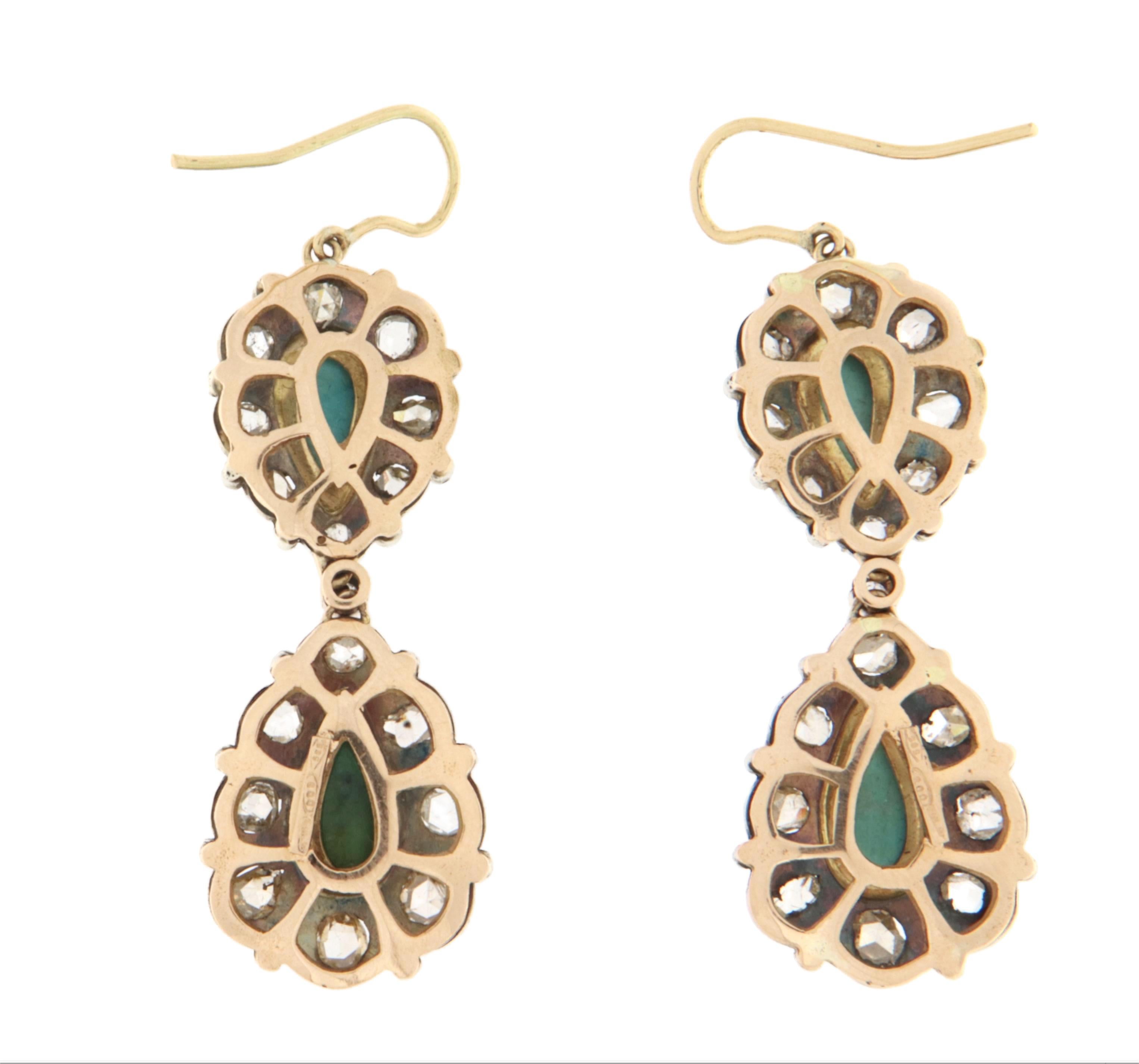 Turquoise Diamonds  14 Karat Yellow Gold Drop Earrings In New Condition For Sale In Marcianise, IT