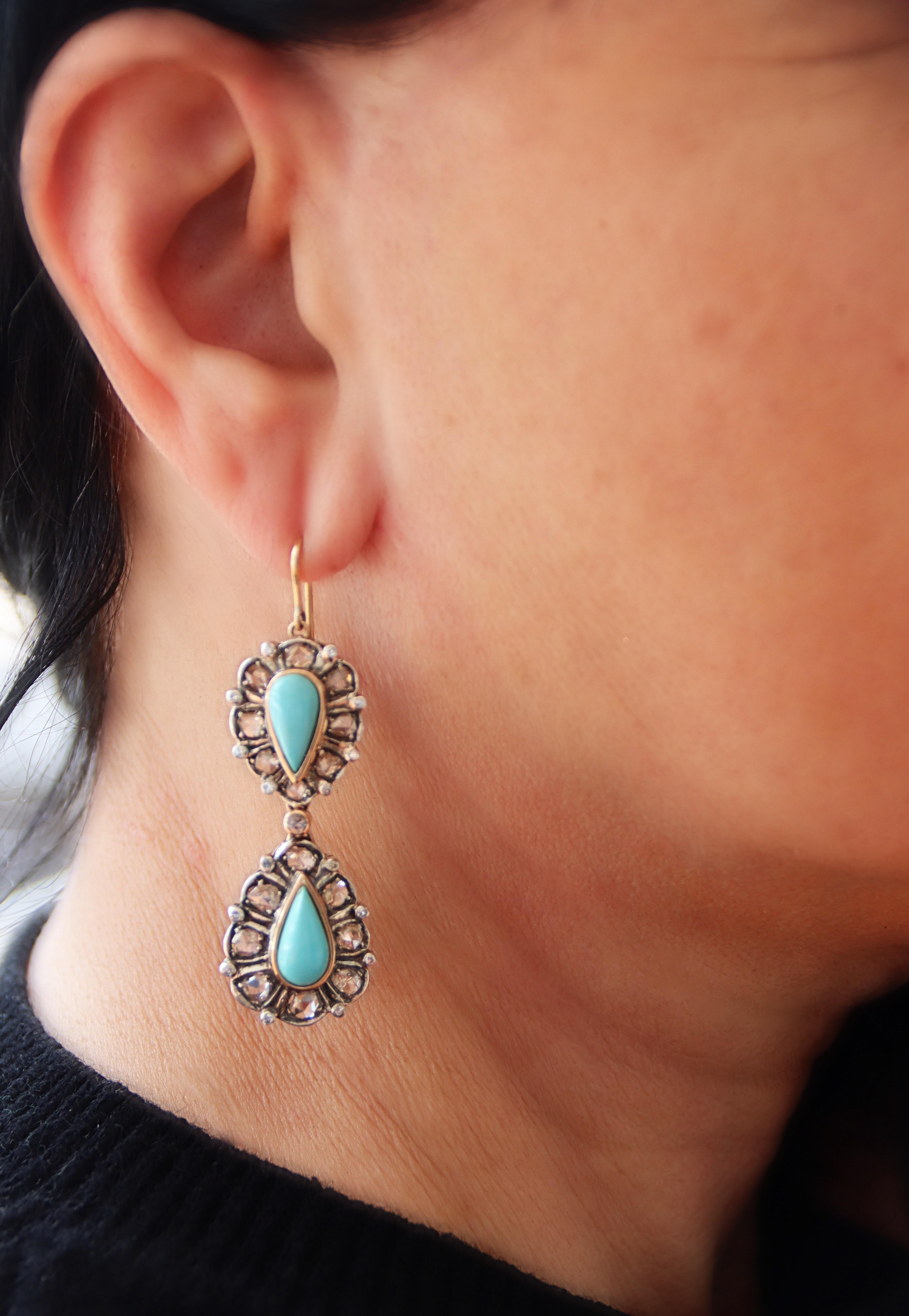 Women's Turquoise Diamonds  14 Karat Yellow Gold Drop Earrings For Sale