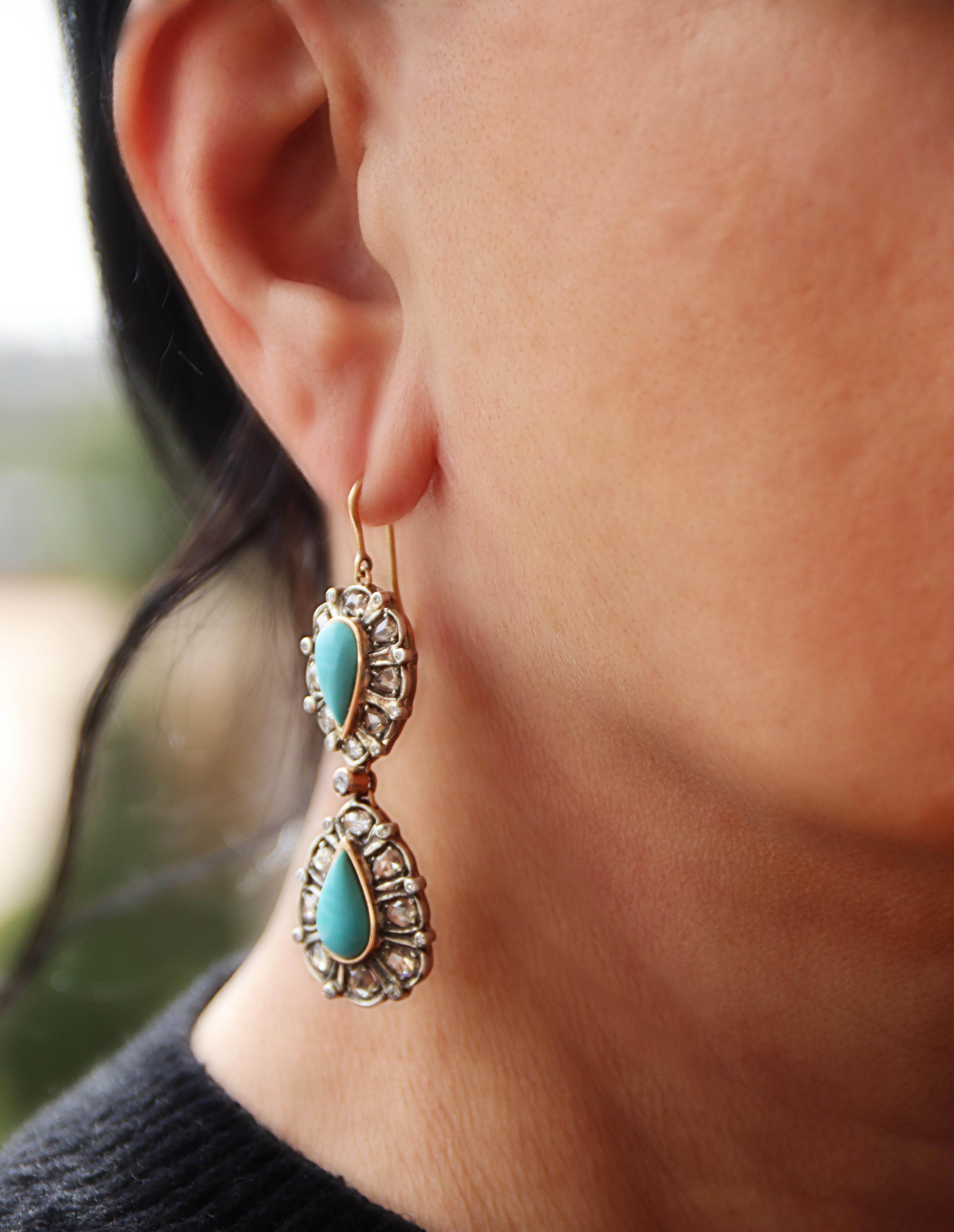 Turquoise Diamonds  14 Karat Yellow Gold Drop Earrings For Sale 1