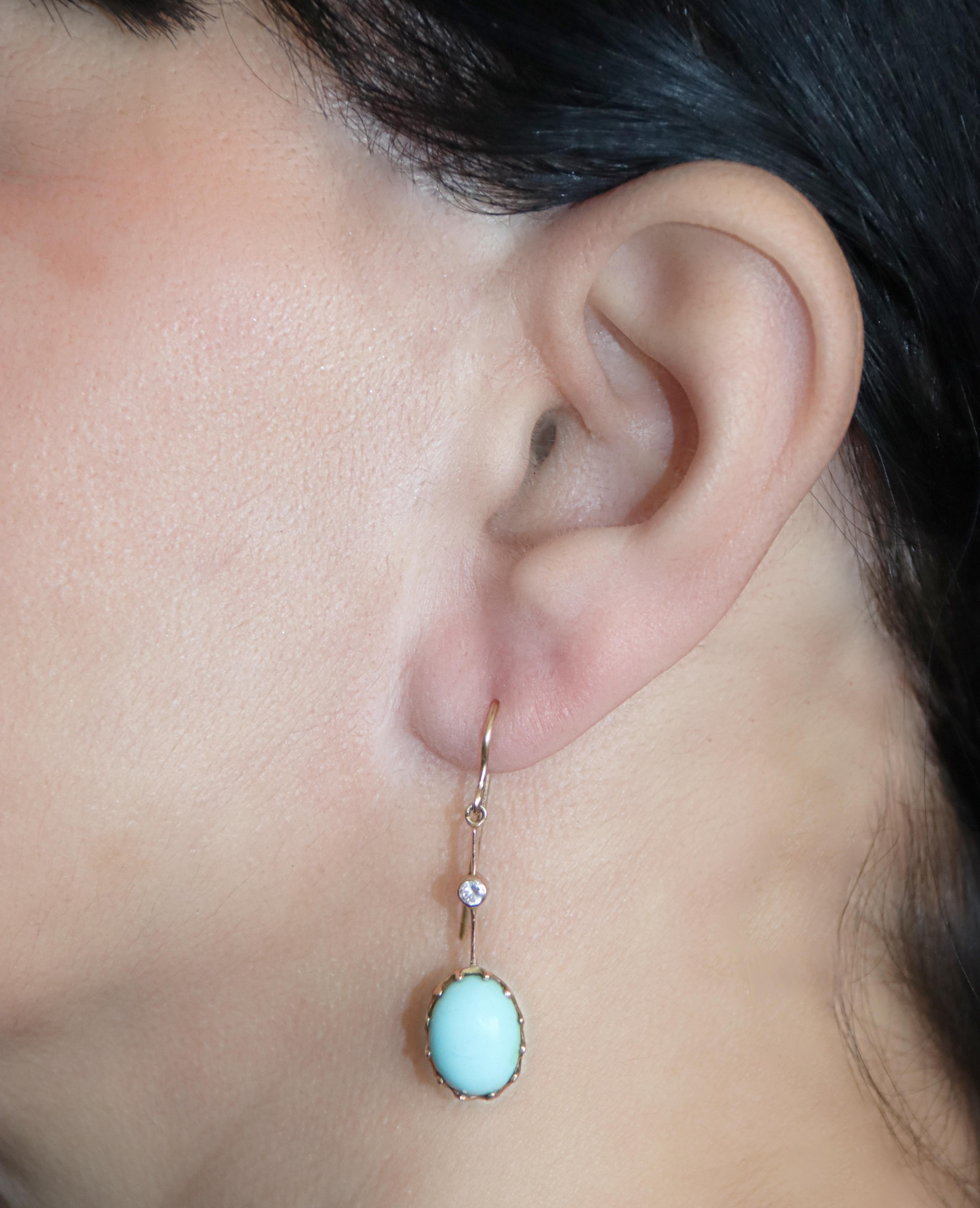 Turquoise Diamonds 14 Karat Yellow Gold Drop Earrings 3