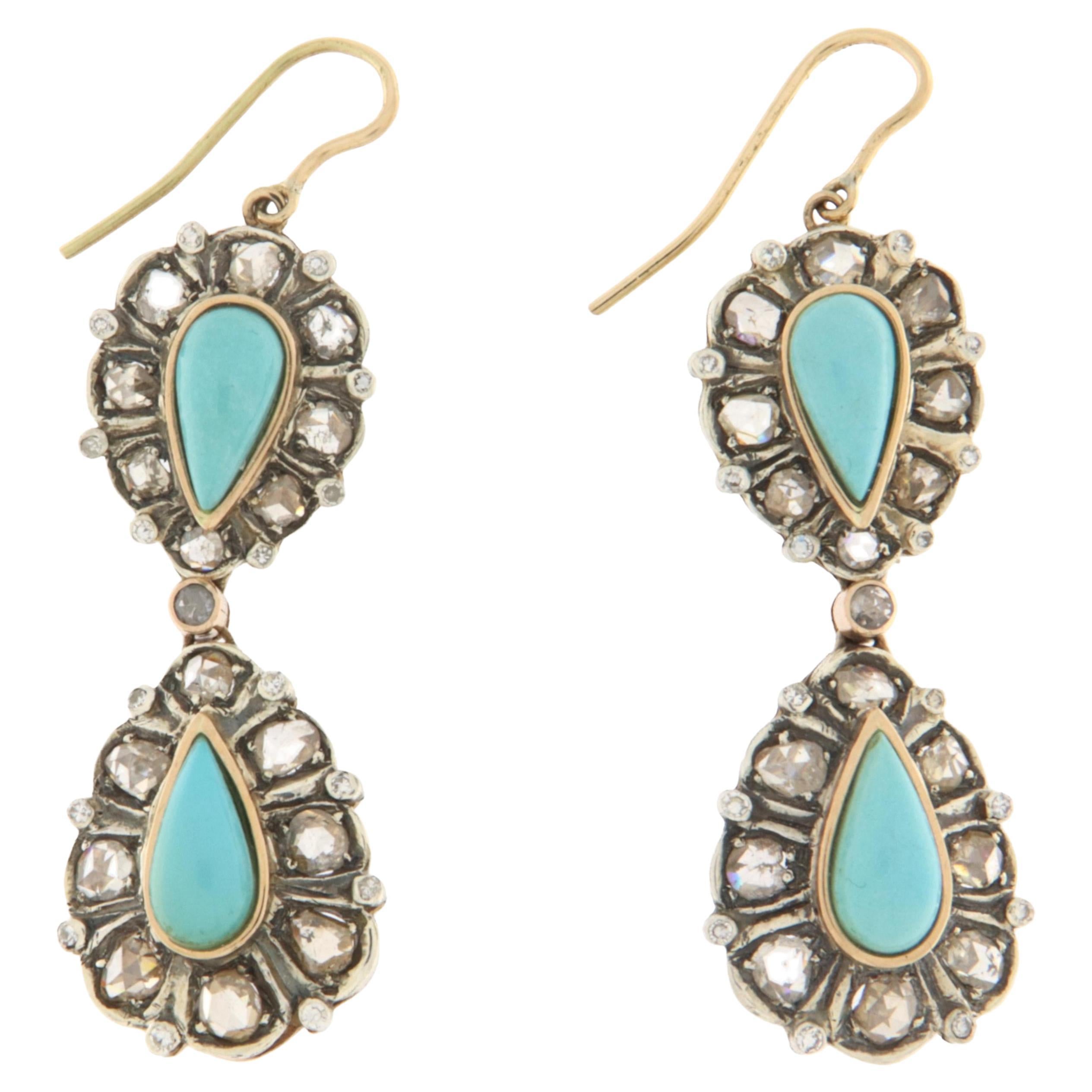 Turquoise Diamonds  14 Karat Yellow Gold Drop Earrings