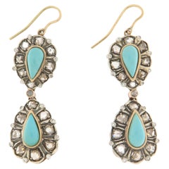 Turquoise Diamonds  14 Karat Yellow Gold Drop Earrings