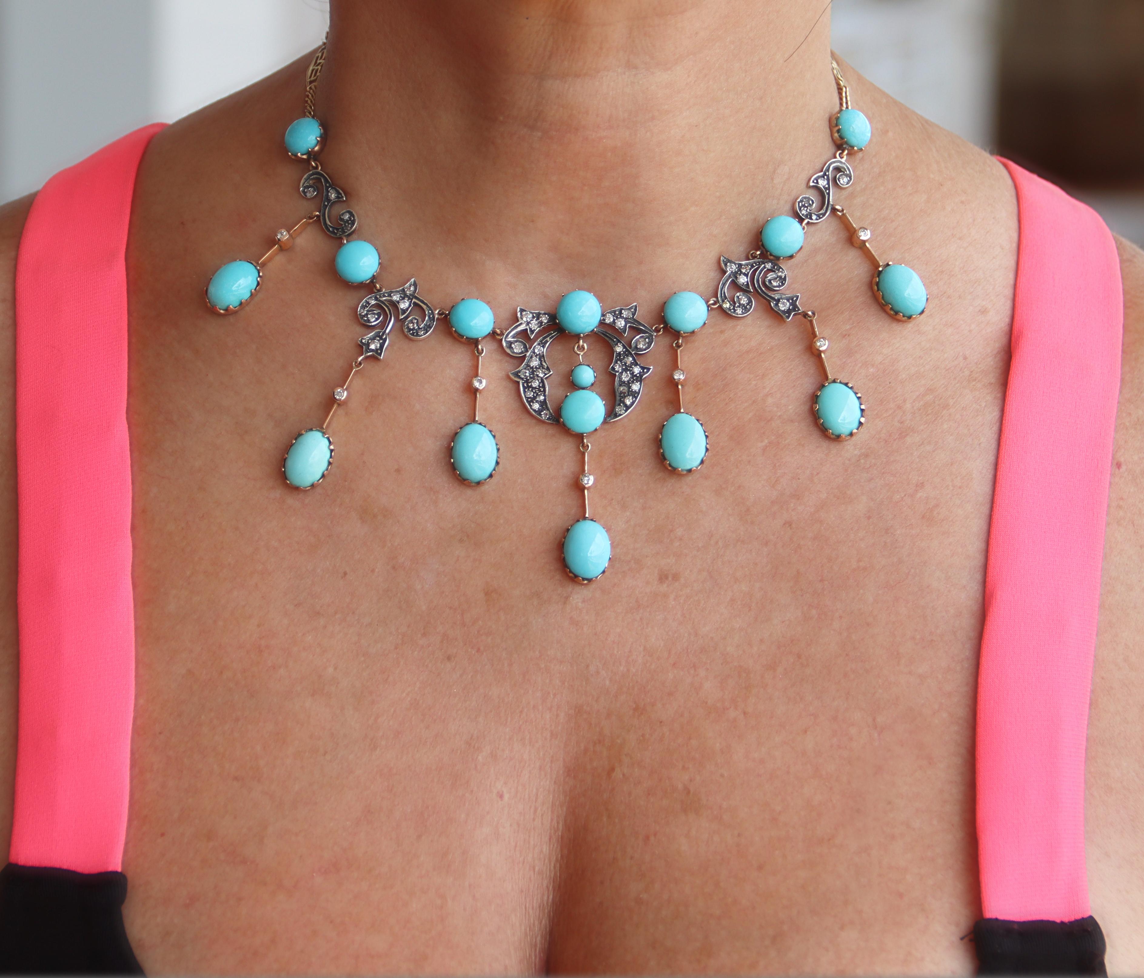 Collana a goccia con diamanti turchesi in oro giallo 14 carati in vendita 4