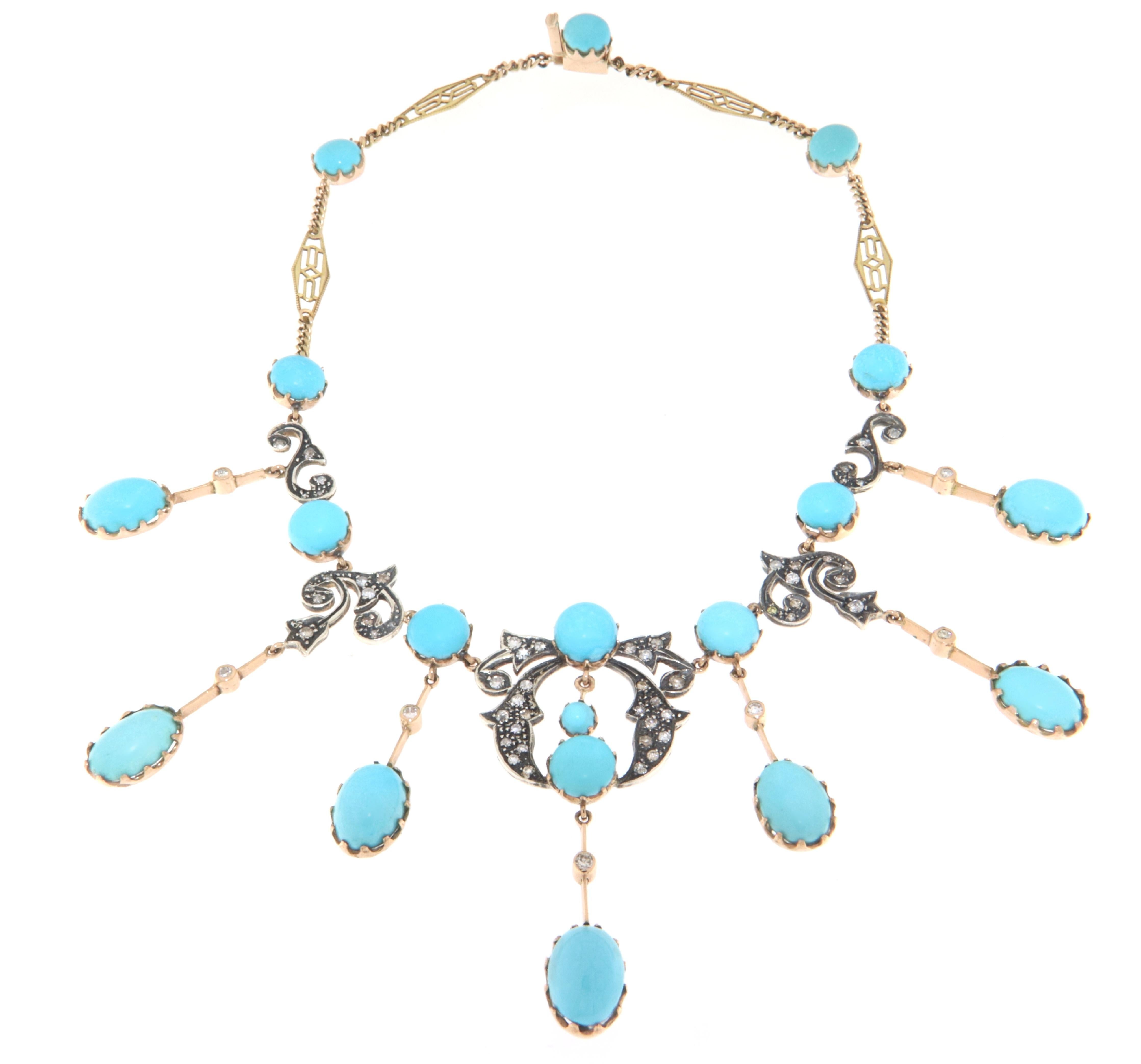 Collana a goccia con diamanti turchesi in oro giallo 14 carati In condizioni Nuovo in vendita a Marcianise, IT