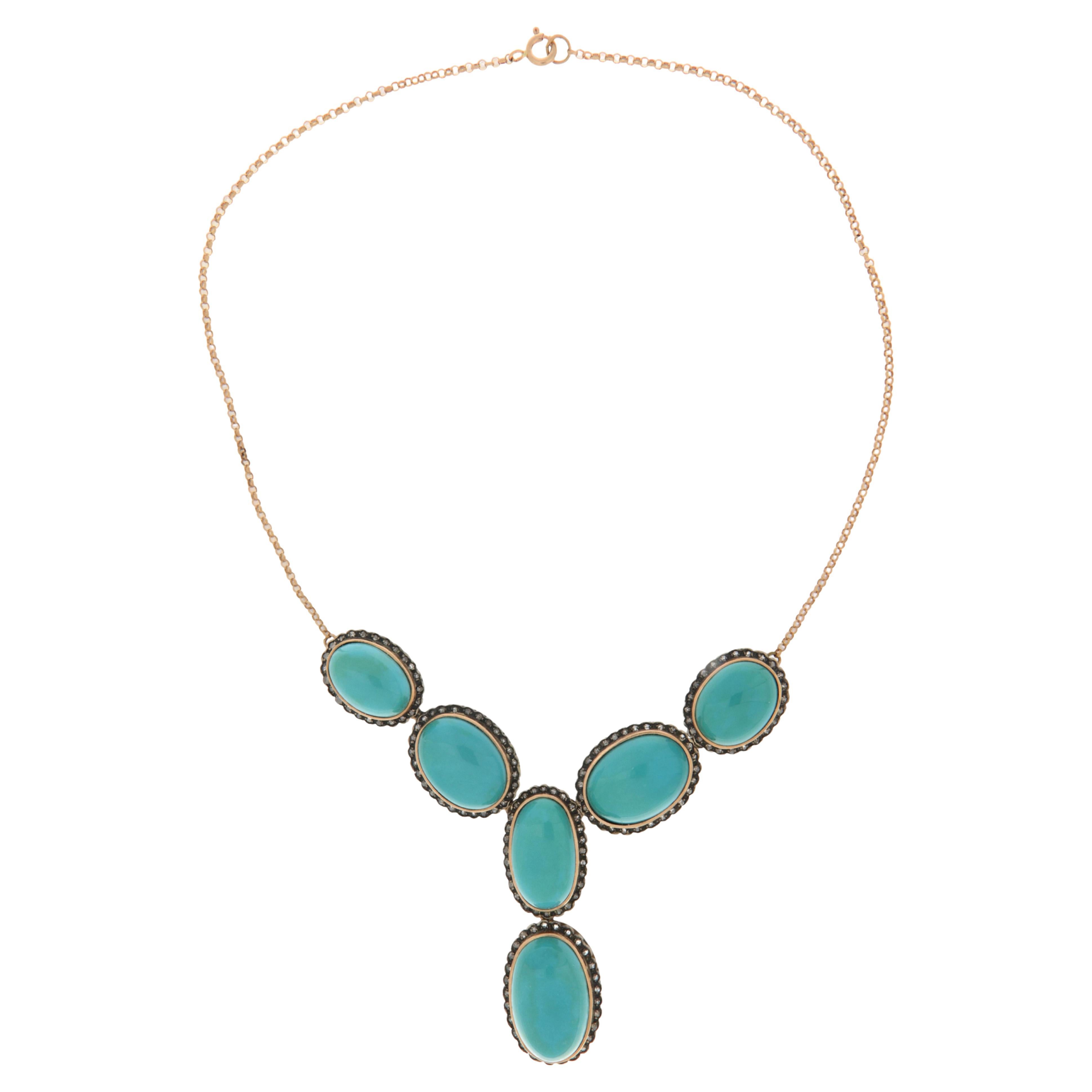 Turquoise Diamonds 14 Karat Yellow Gold Drop Necklace