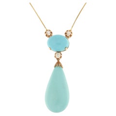 Turquoise Diamonds 14 Karat Yellow Gold Drop Necklace