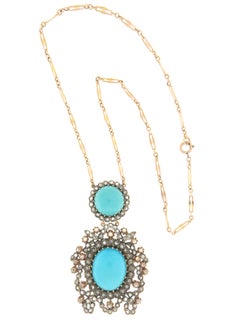 Vintage Natural Turquoise Rose-Cut Diamond Pendant Necklace 14K Gold 800 Silver