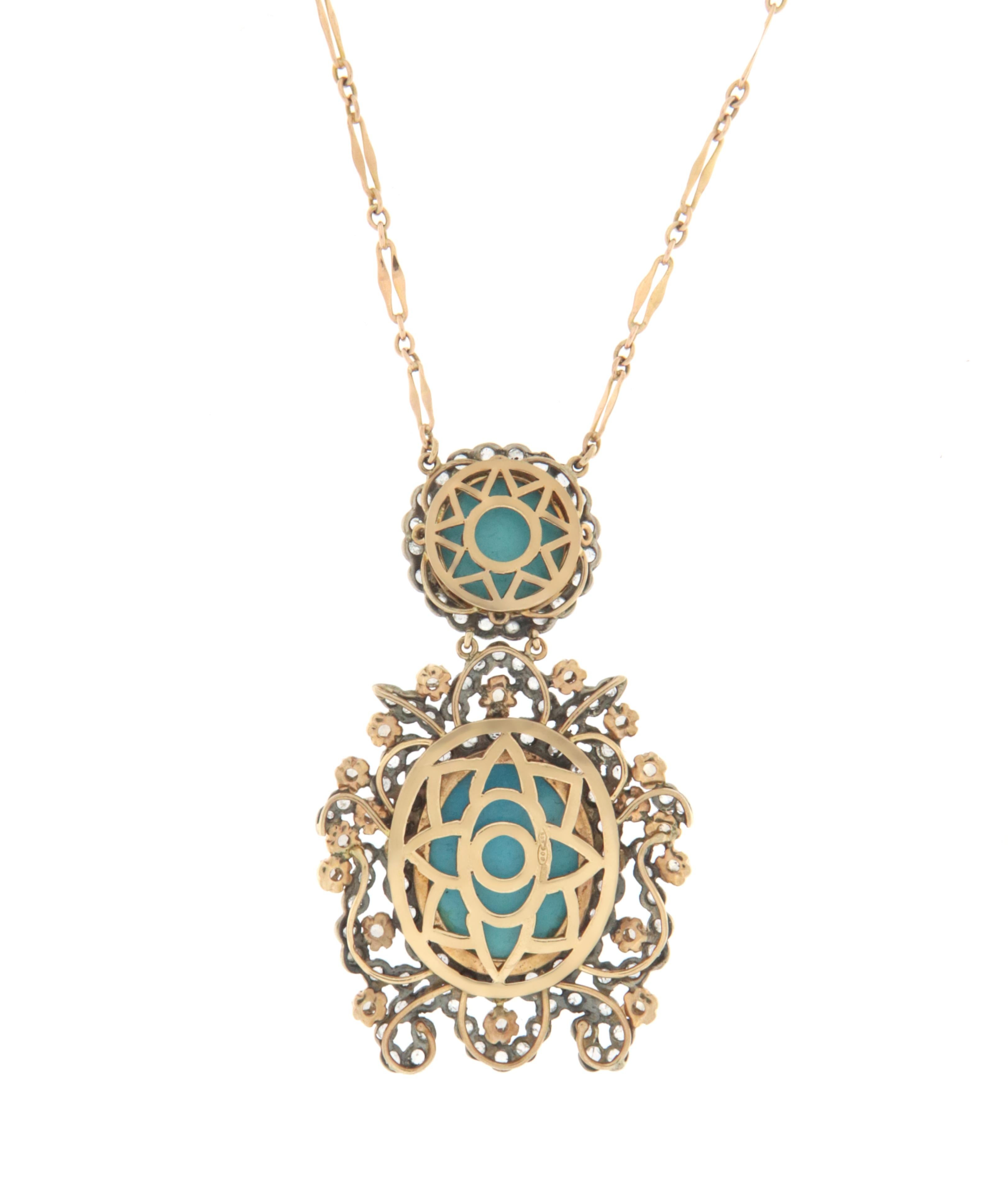 Artisan Turquoise Diamonds 14 Karat Yellow Gold Pendant Necklace For Sale