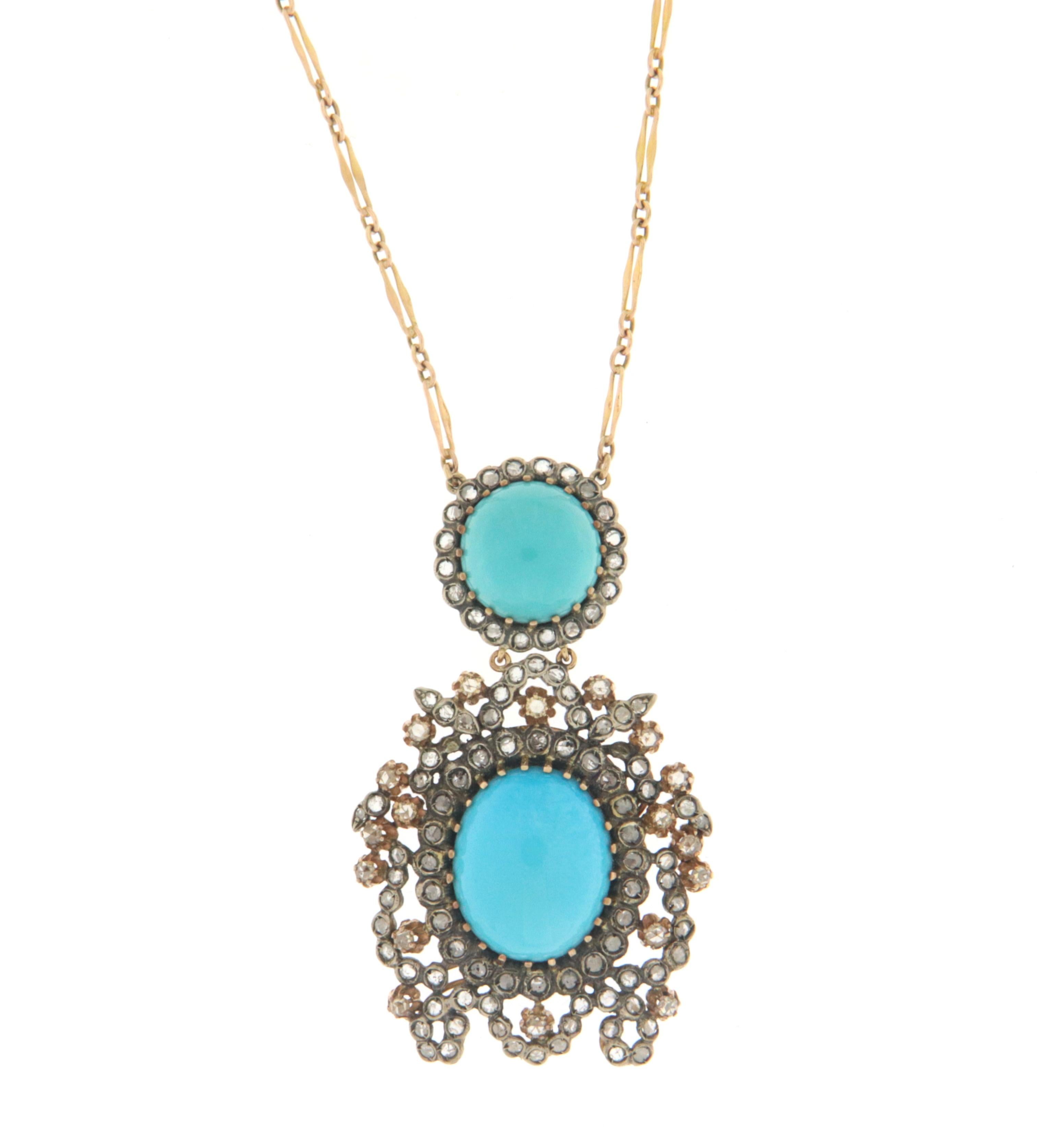 Rose Cut Turquoise Diamonds 14 Karat Yellow Gold Pendant Necklace For Sale