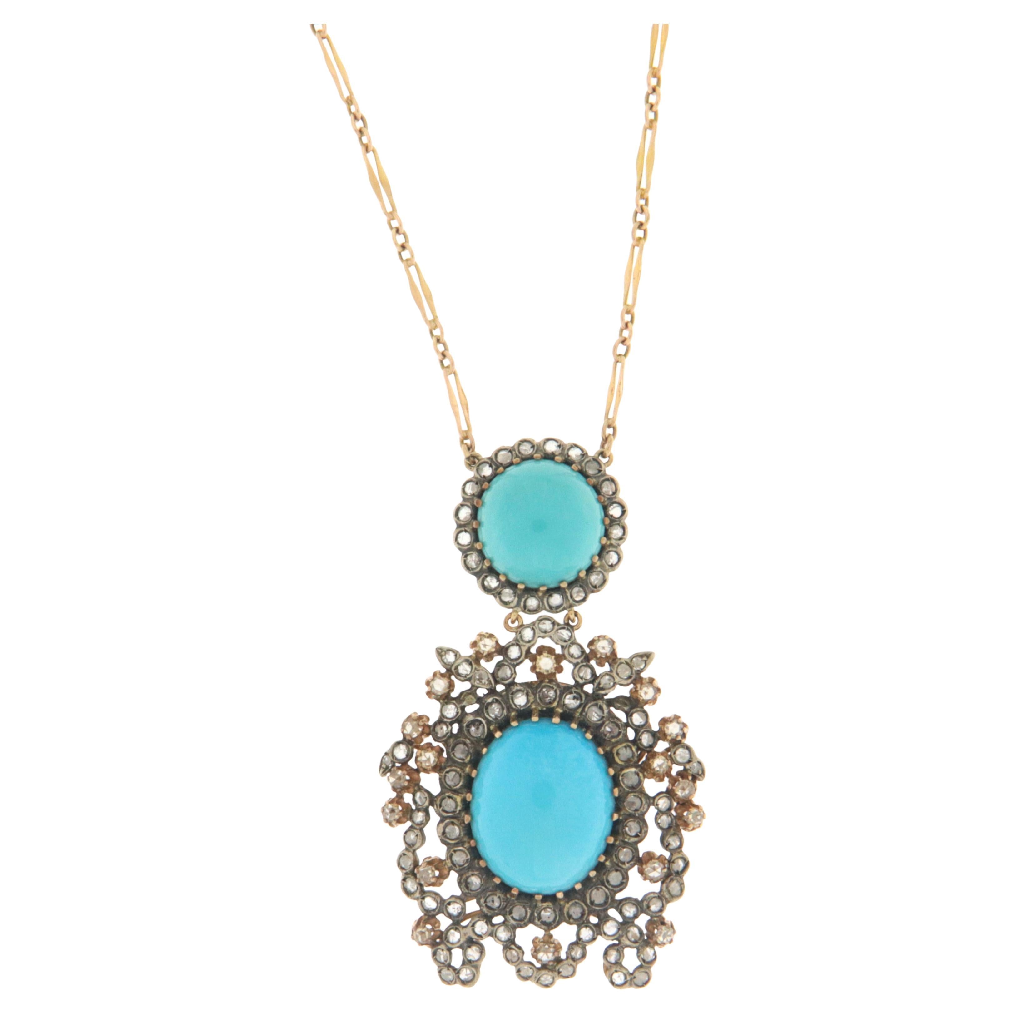 Turquoise Diamonds 14 Karat Yellow Gold Pendant Necklace For Sale