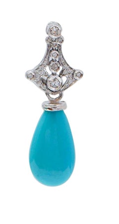 Turquoise, Diamonds, 14 Kt White Gold Earrings.