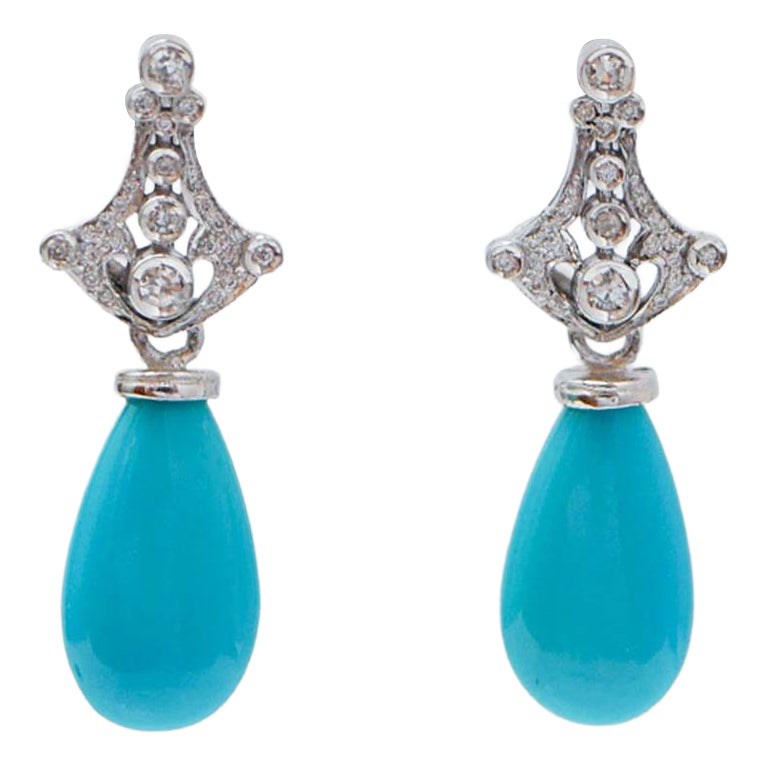 Turquoise, Diamonds, 14 Kt White Gold Earrings.