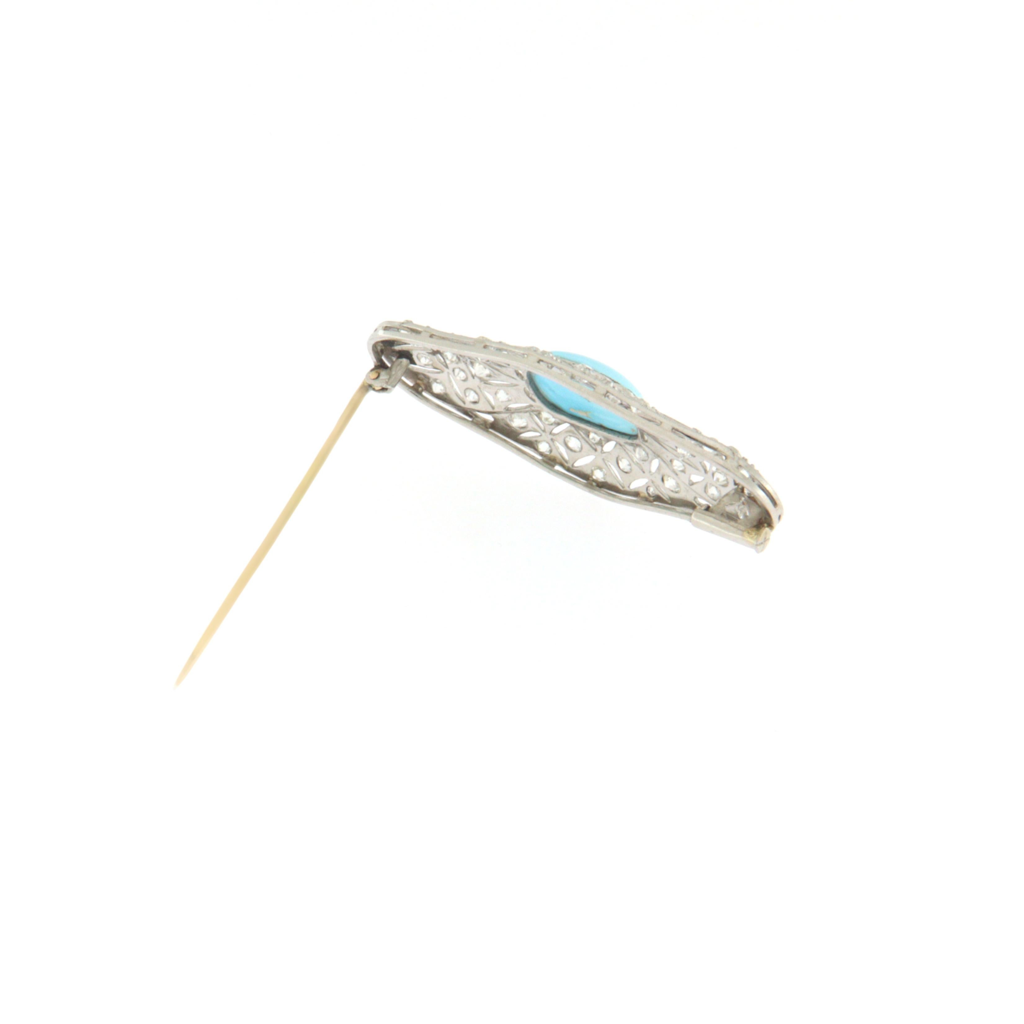 Artisan Turquoise Diamonds 18 Karat White Gold Brooch For Sale