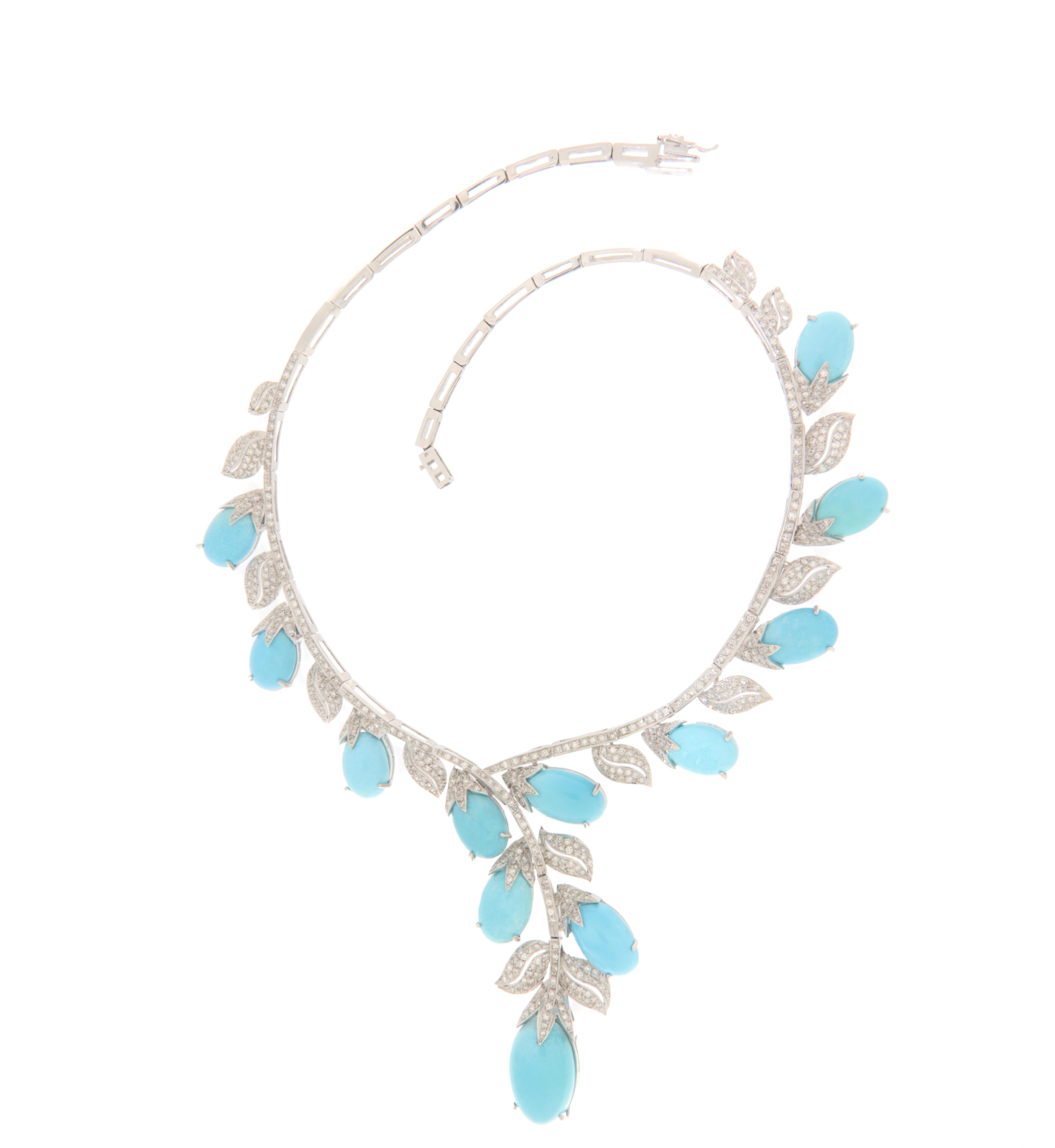 Artisan Turquoise Diamonds 18 Karat White Gold Choker Necklace For Sale