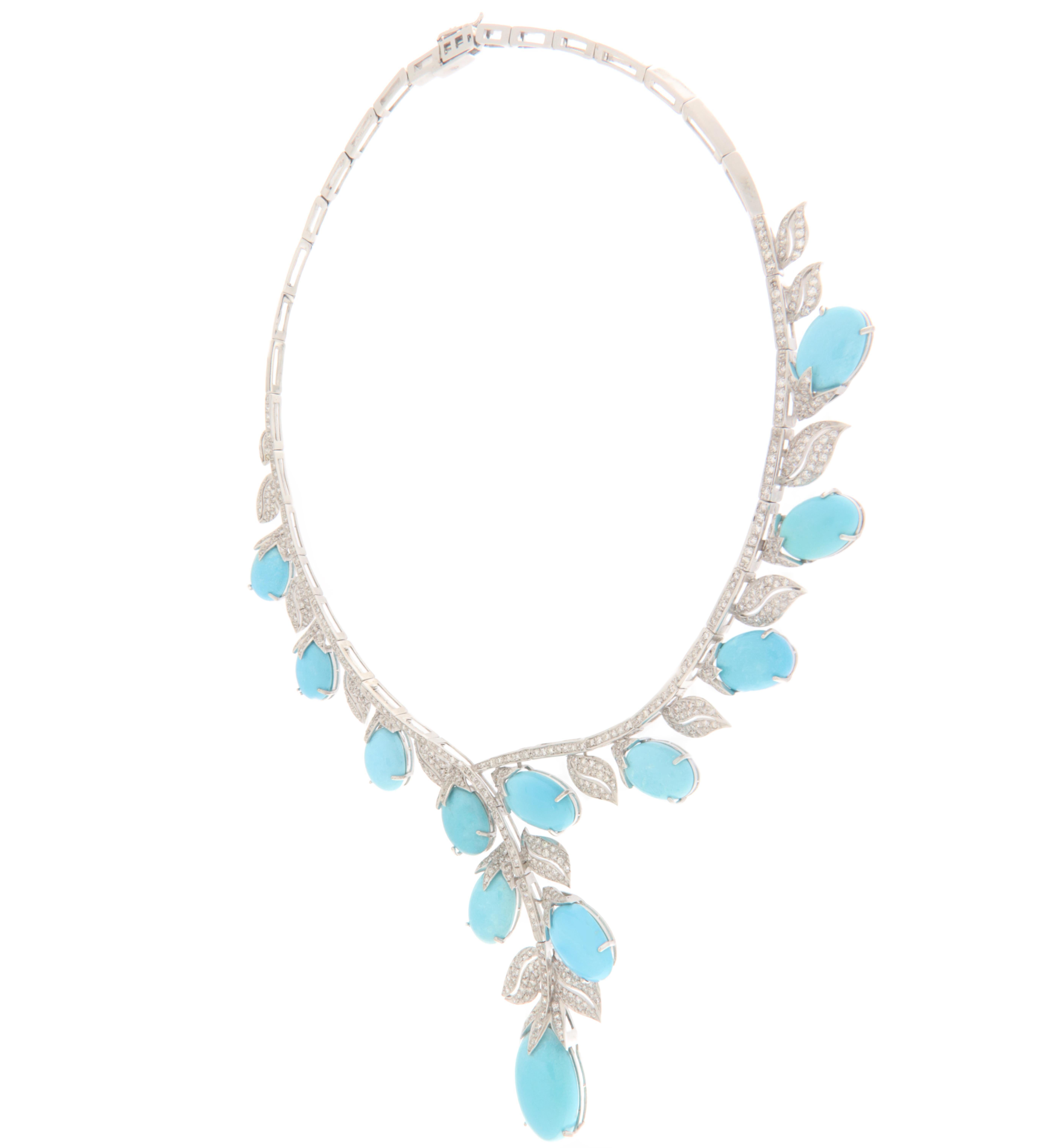 Brilliant Cut Turquoise Diamonds 18 Karat White Gold Choker Necklace For Sale