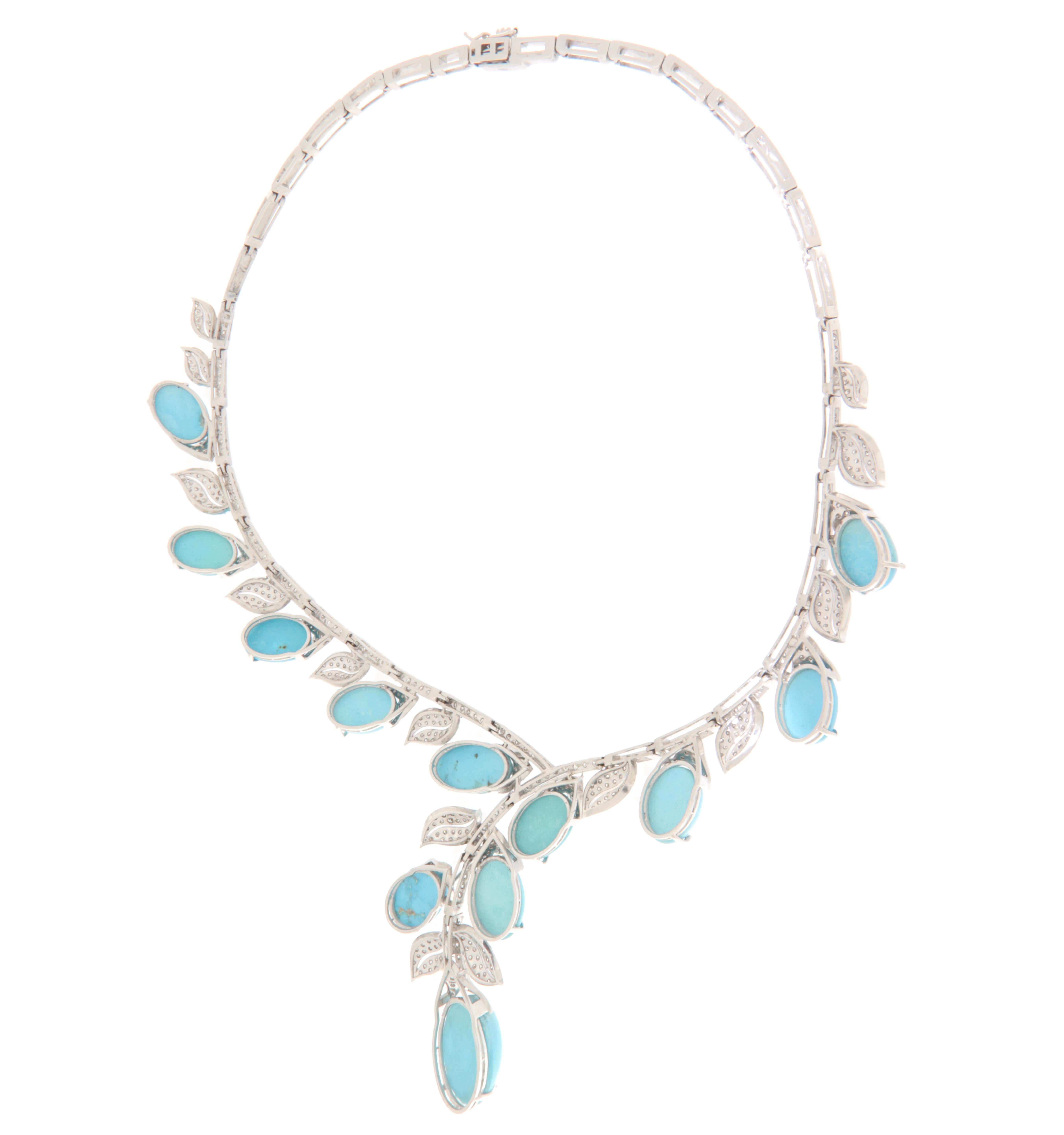 Turquoise Diamonds 18 Karat White Gold Choker Necklace In New Condition For Sale In Marcianise, IT