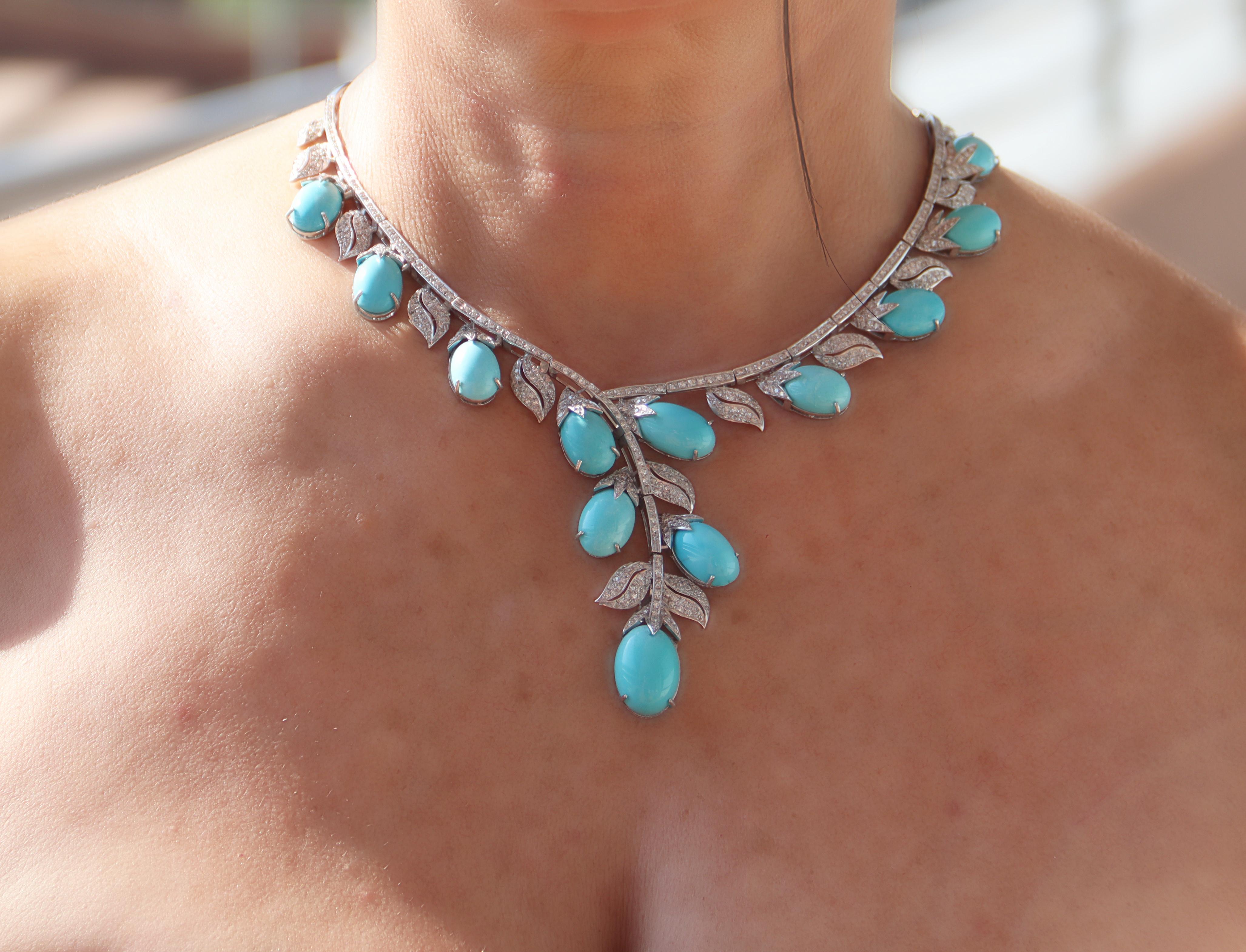 Women's Turquoise Diamonds 18 Karat White Gold Choker Necklace For Sale