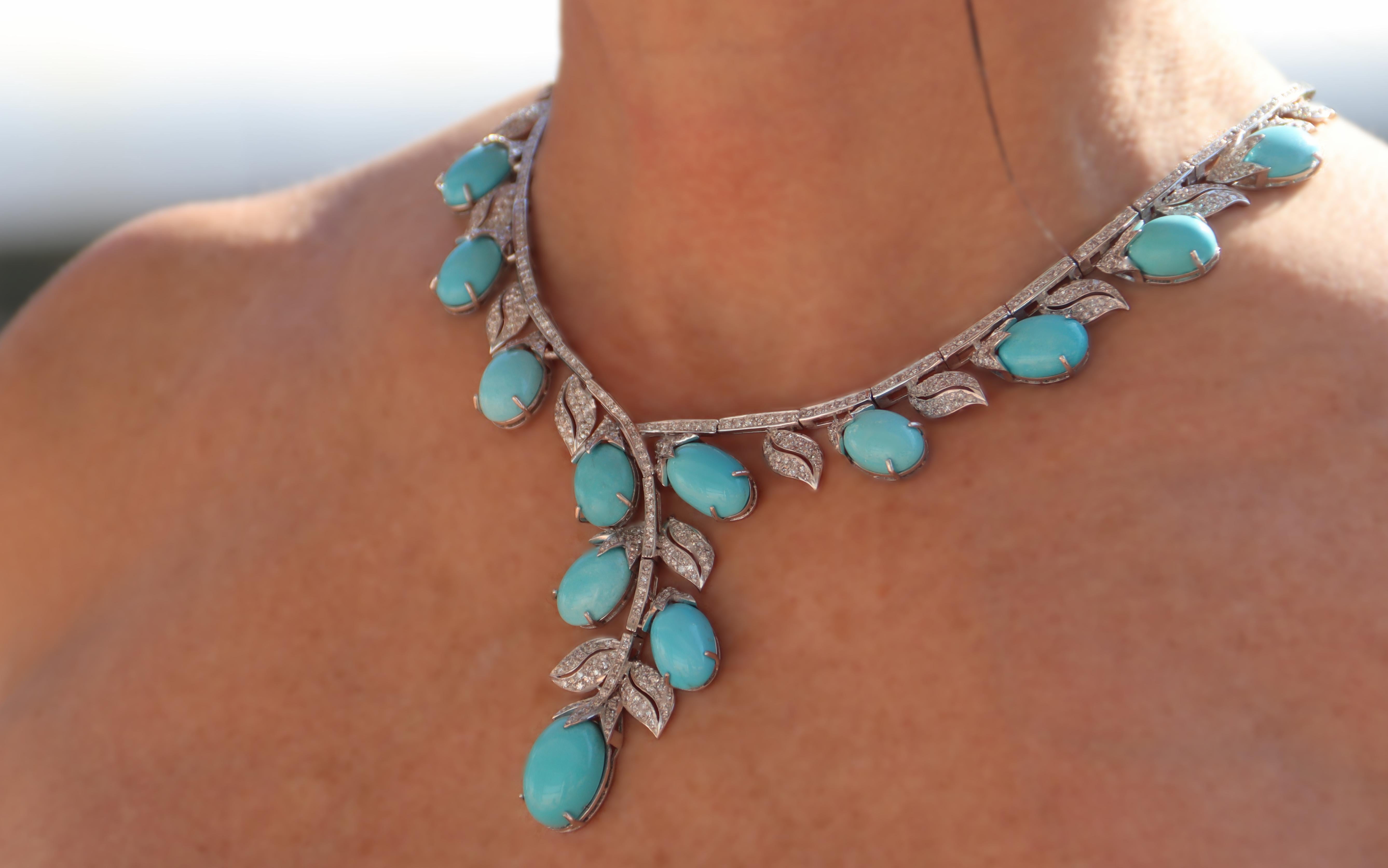 Turquoise Diamonds 18 Karat White Gold Choker Necklace For Sale 1
