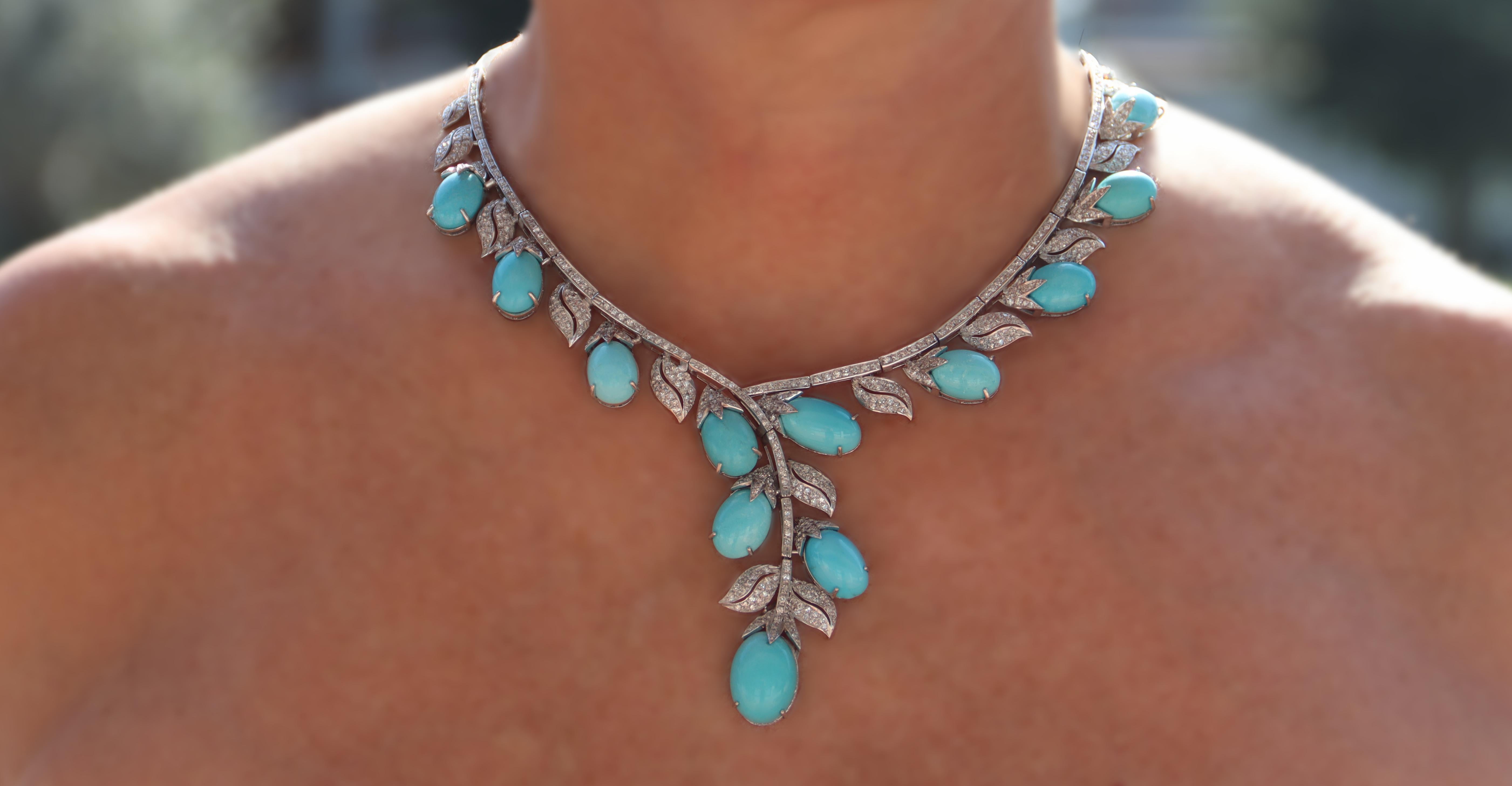 Turquoise Diamonds 18 Karat White Gold Choker Necklace For Sale 2