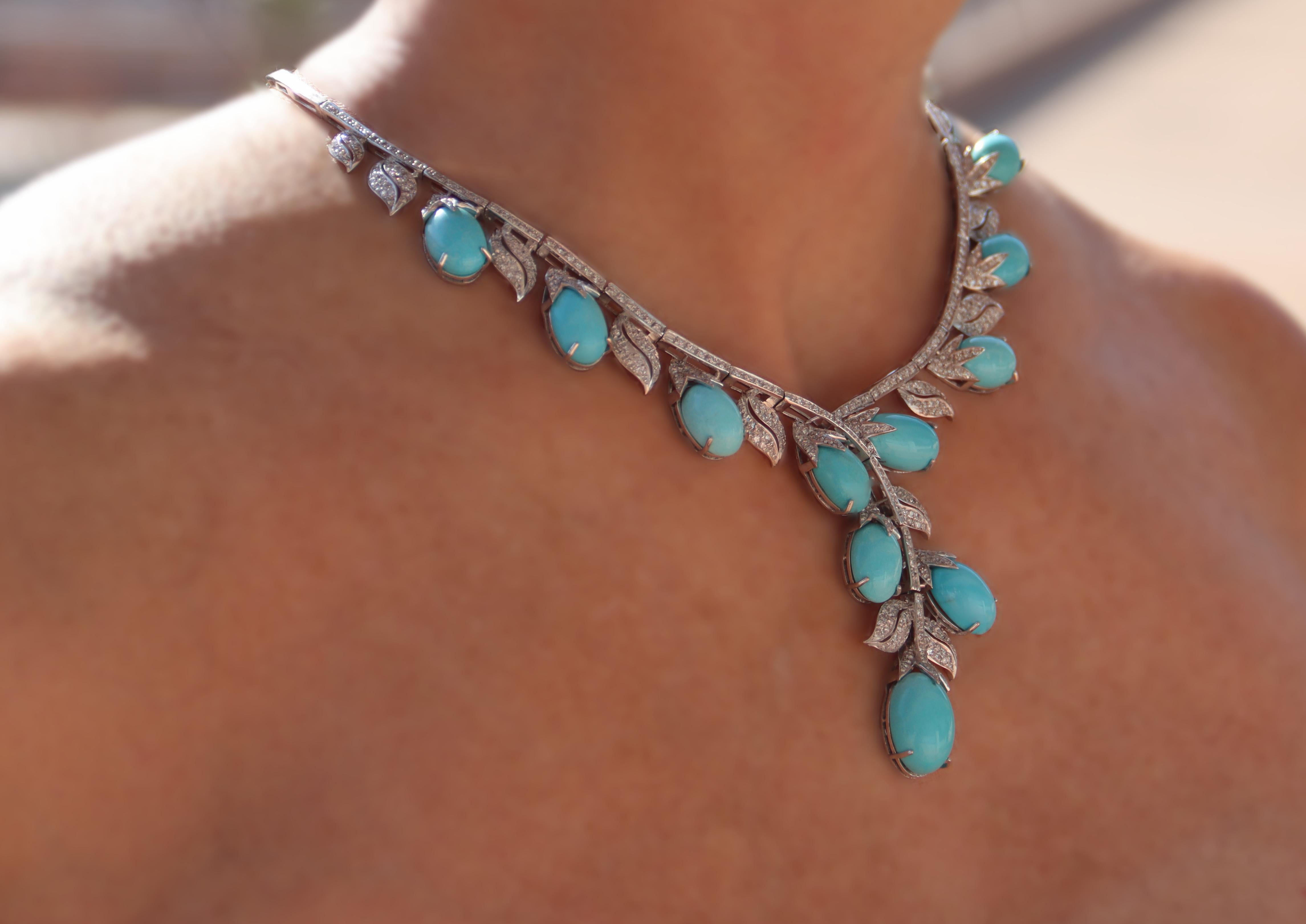 Turquoise Diamonds 18 Karat White Gold Choker Necklace For Sale 3