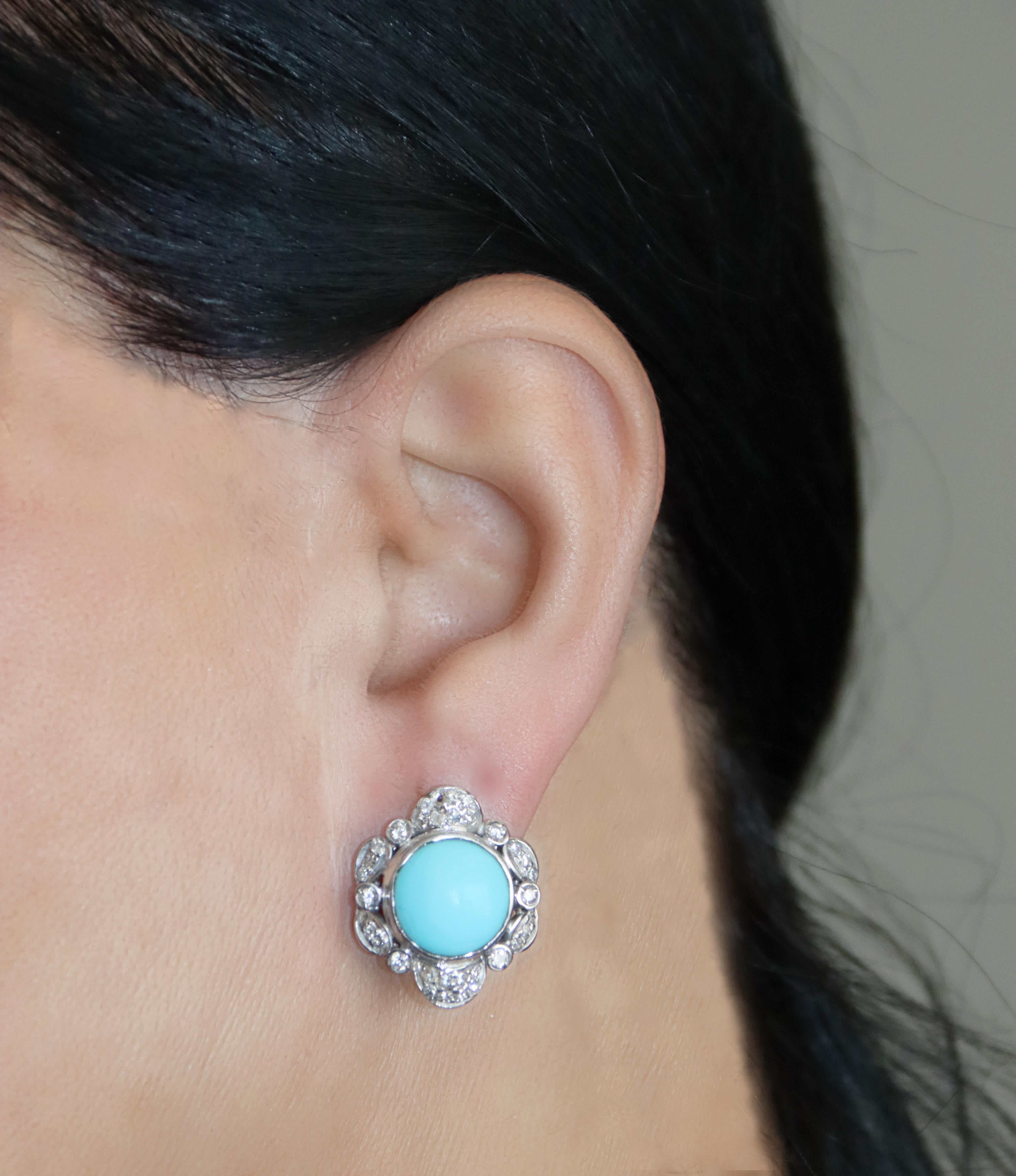 Turquoise Diamonds 18 Karat White Gold Clip-on Earrings For Sale 4