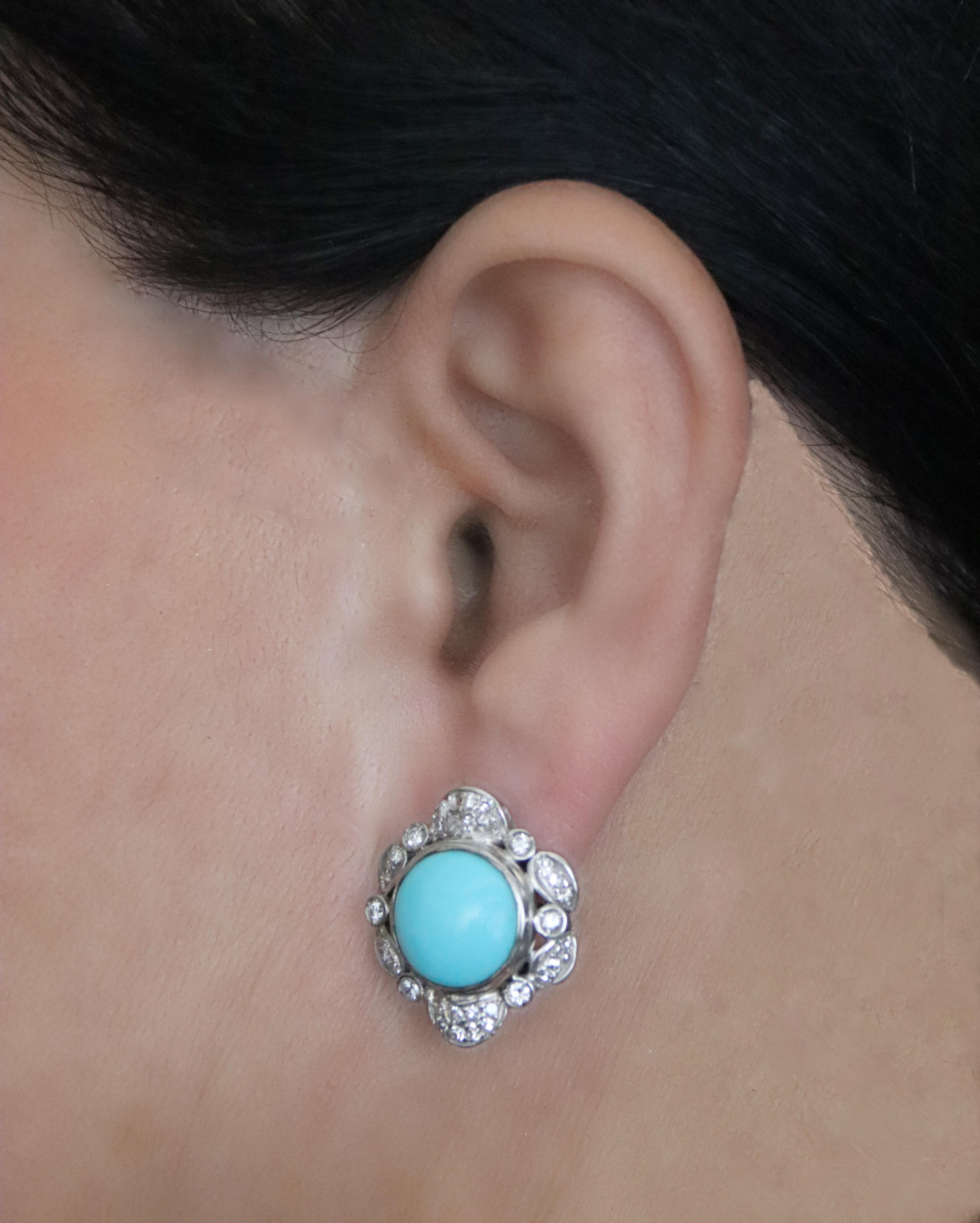 Turquoise Diamonds 18 Karat White Gold Clip-on Earrings For Sale 5
