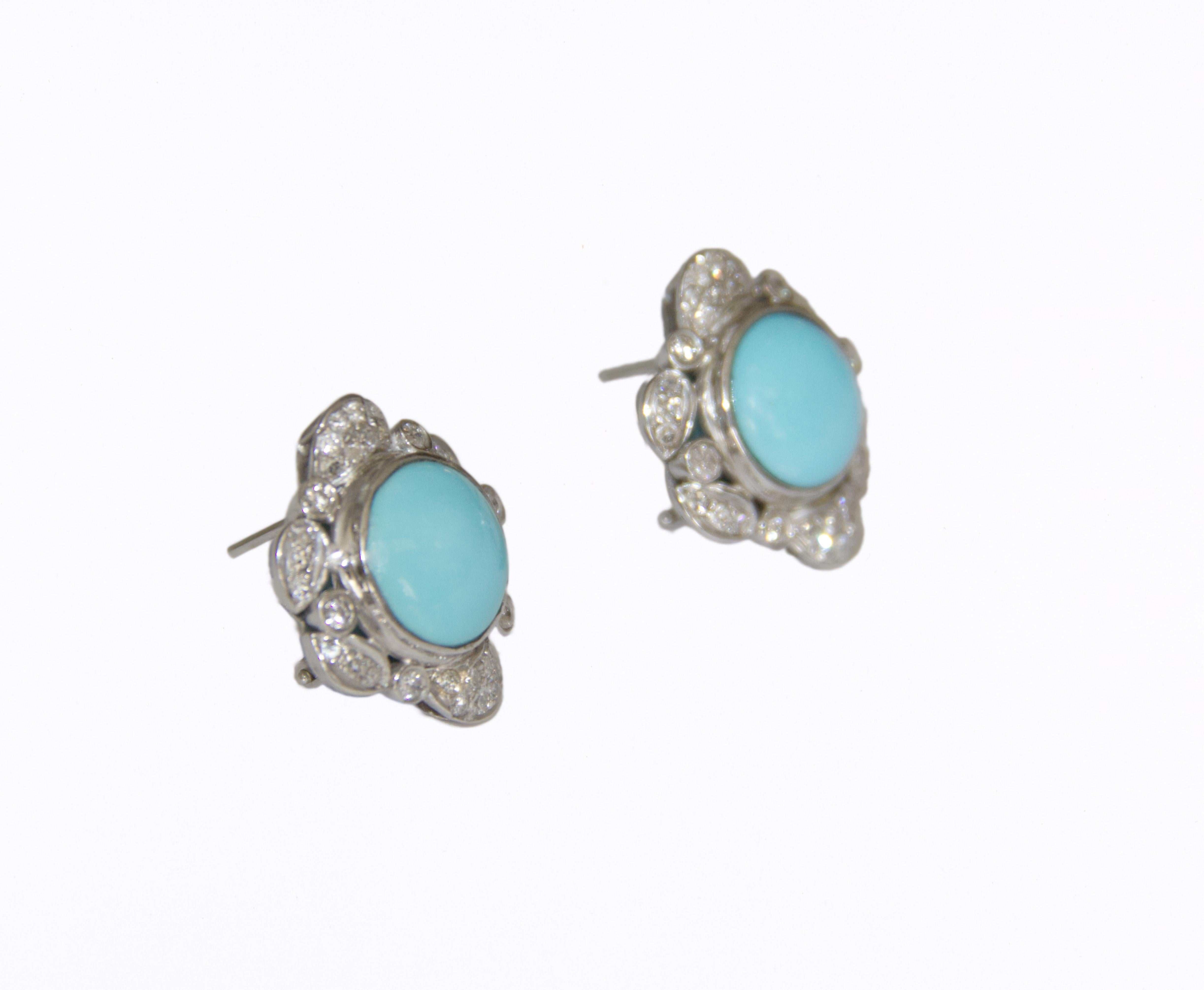 Art Nouveau Turquoise Diamonds 18 Karat White Gold Clip-on Earrings For Sale