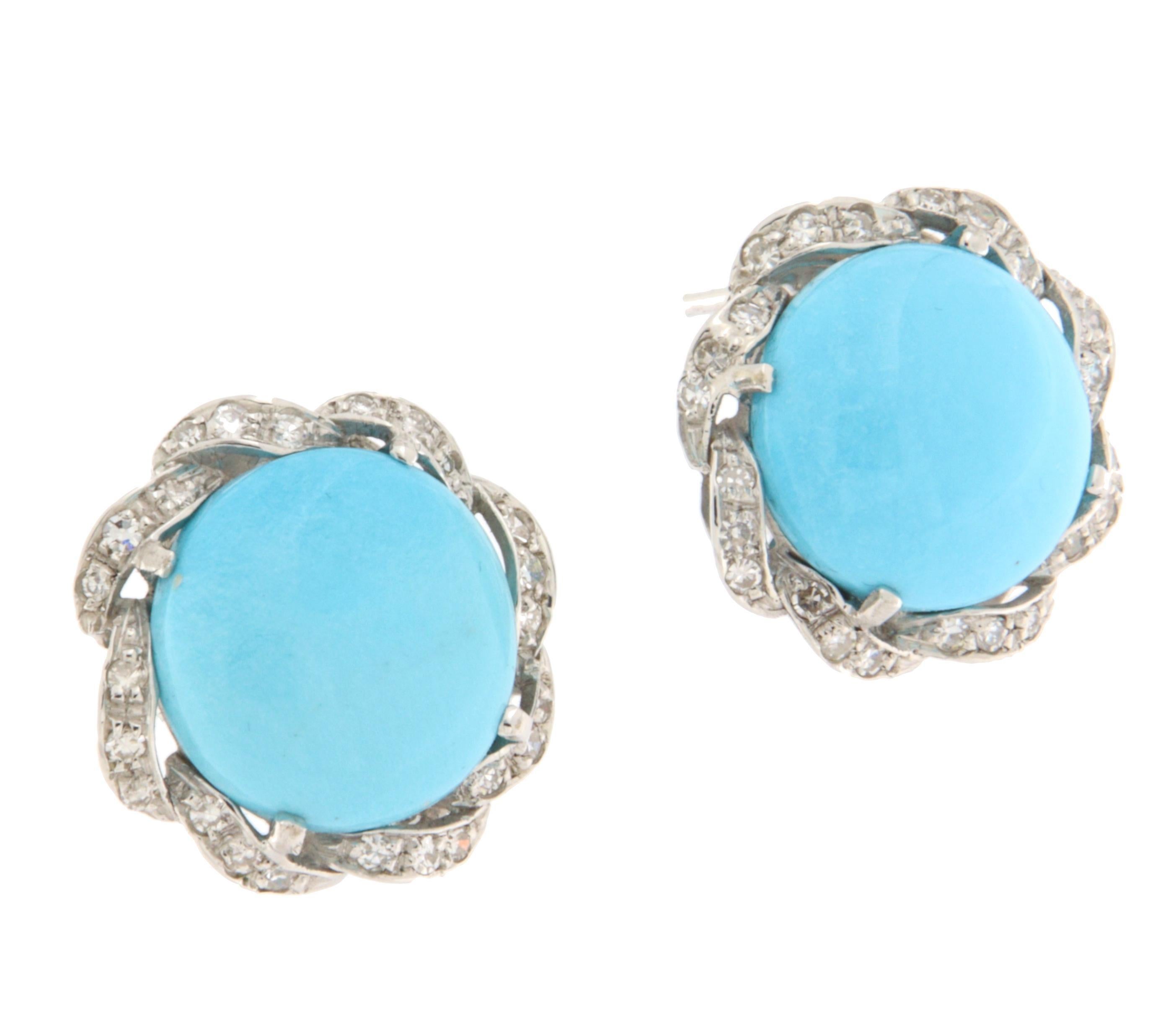 Artigiano Orecchini a clip in oro bianco 18 carati con diamanti turchesi in vendita