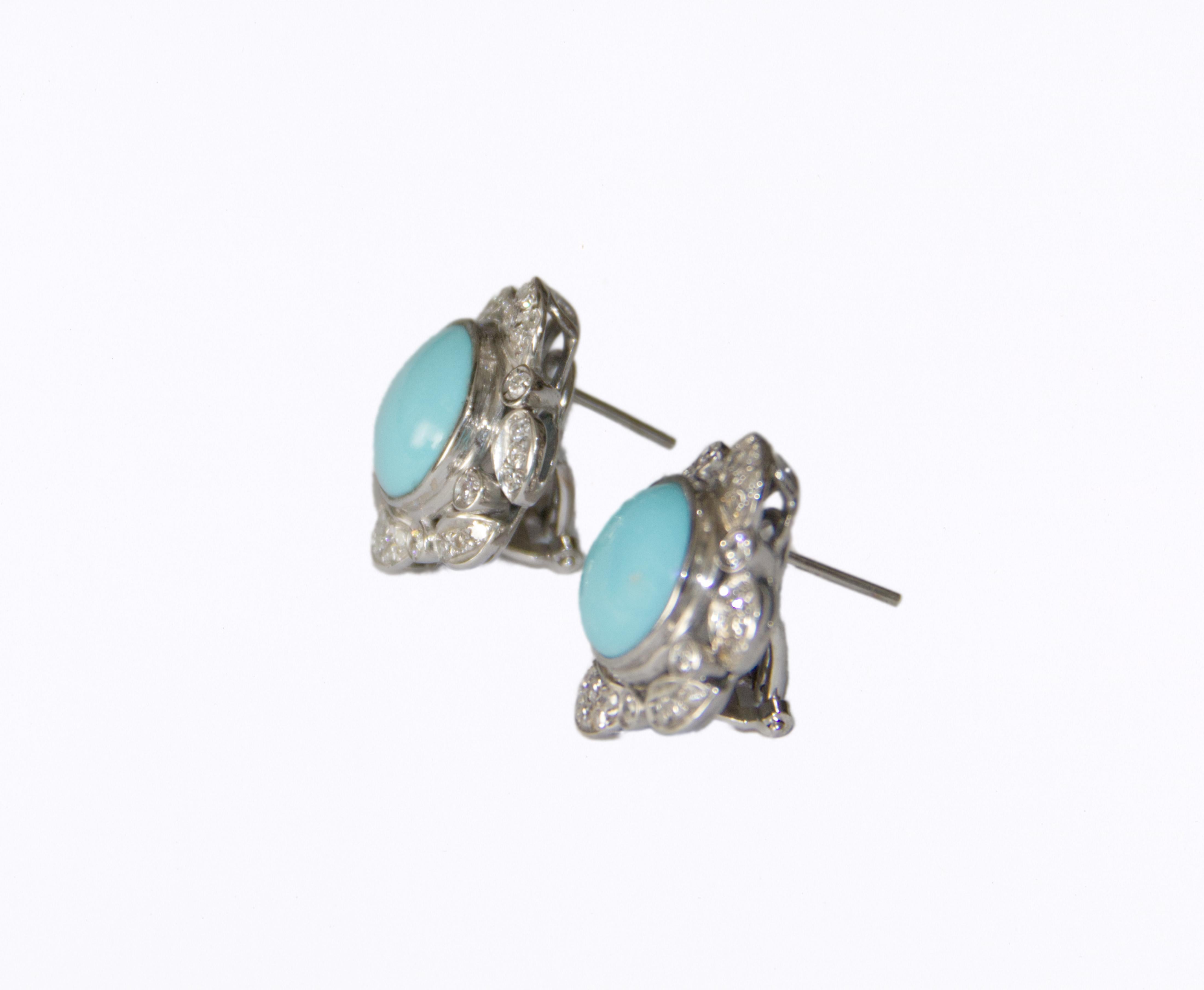 Brilliant Cut Turquoise Diamonds 18 Karat White Gold Clip-on Earrings For Sale