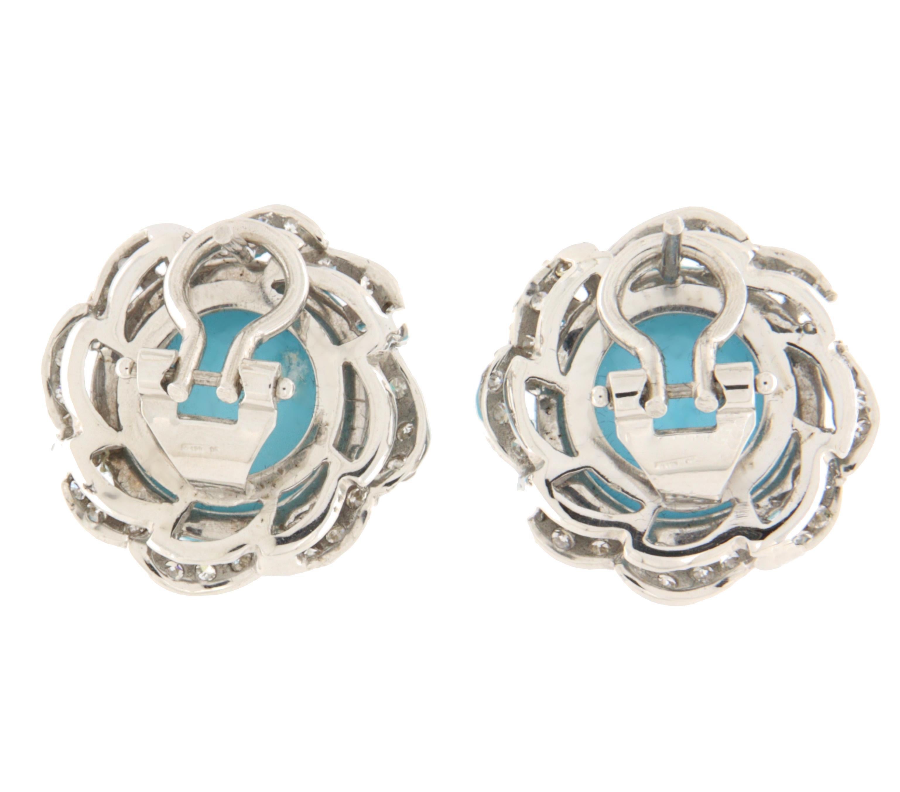 Taglio brillante Orecchini a clip in oro bianco 18 carati con diamanti turchesi in vendita
