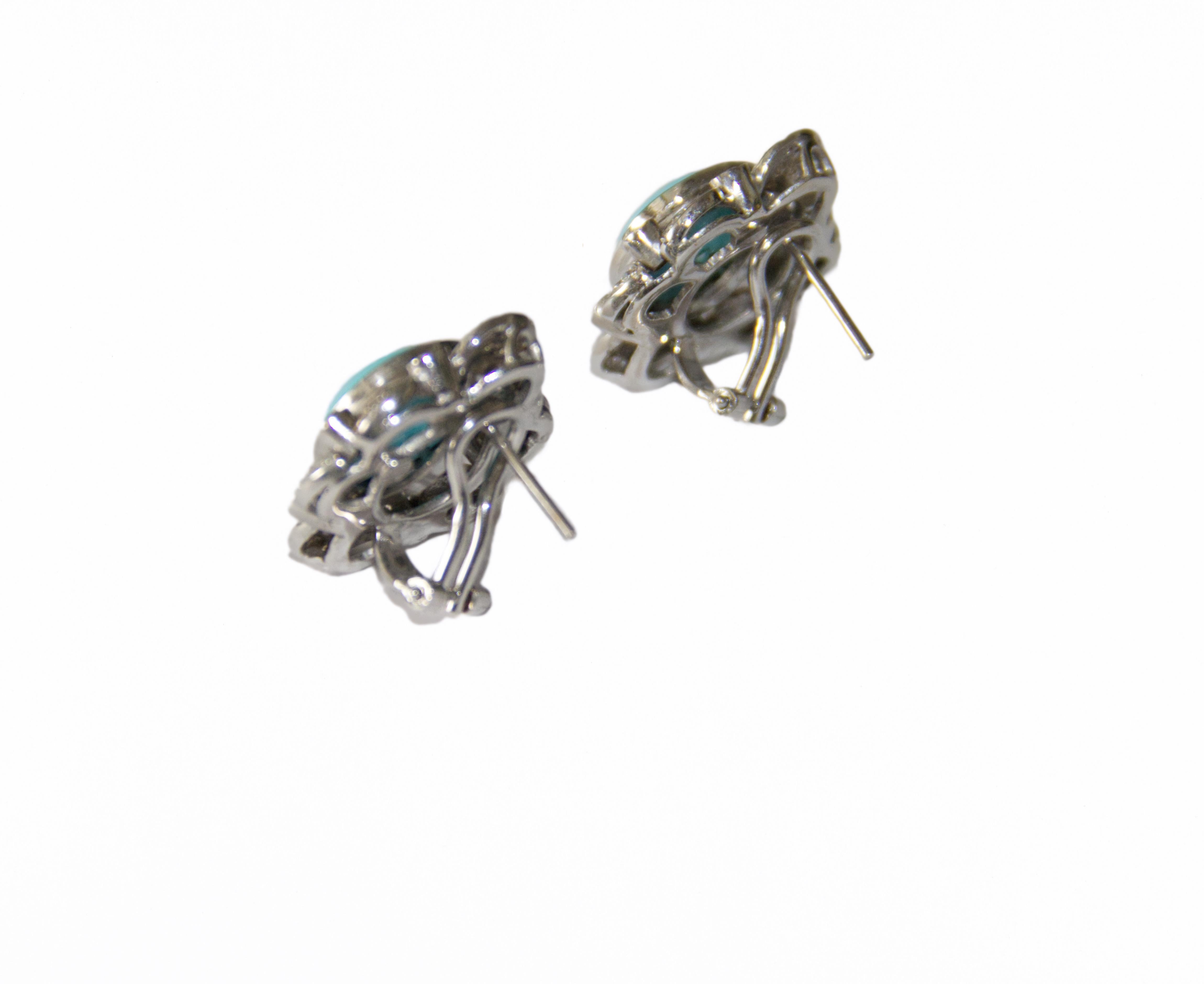 Turquoise Diamonds 18 Karat White Gold Clip-on Earrings In Excellent Condition For Sale In Marcianise, IT