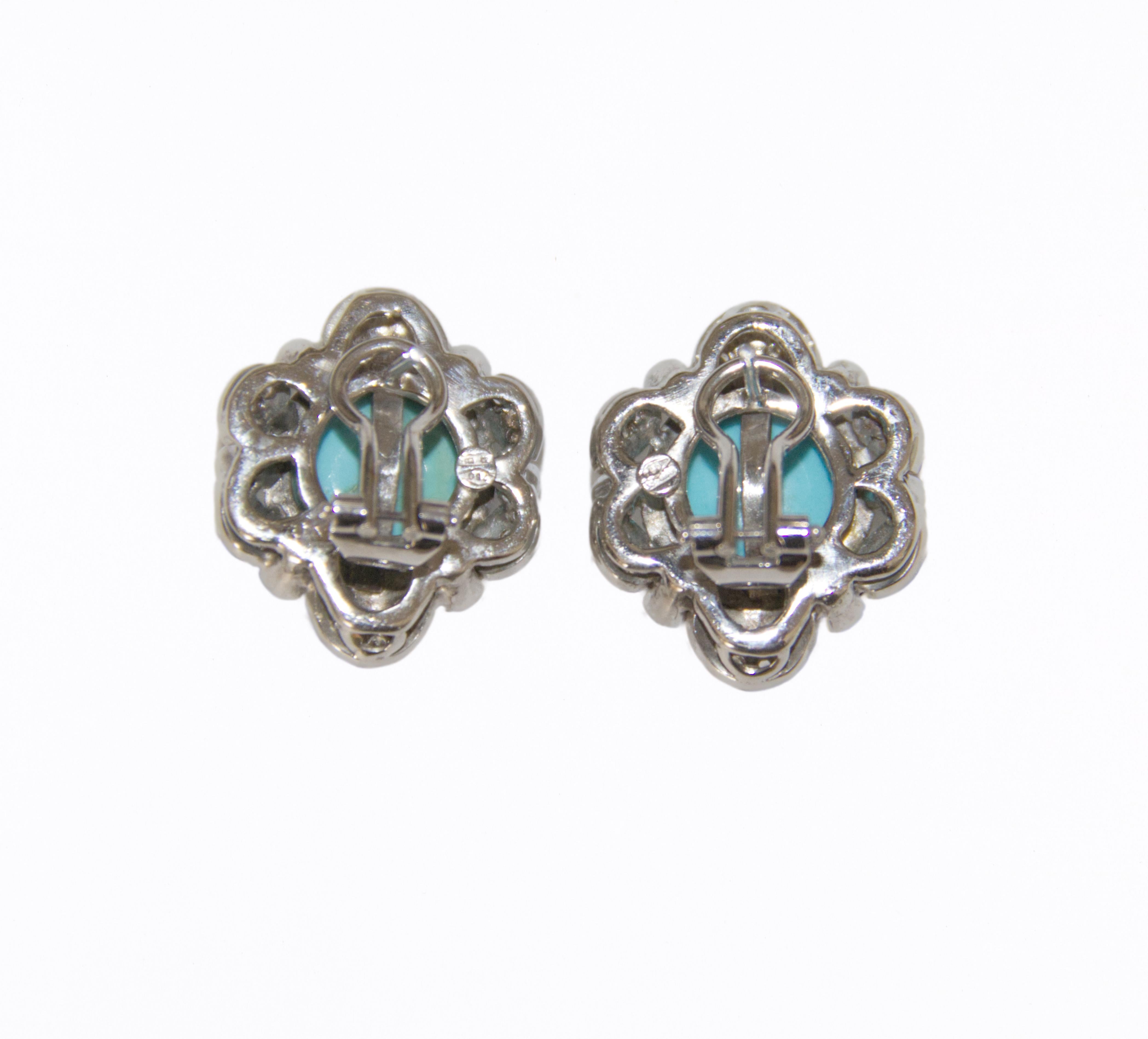 Women's Turquoise Diamonds 18 Karat White Gold Clip-on Earrings For Sale