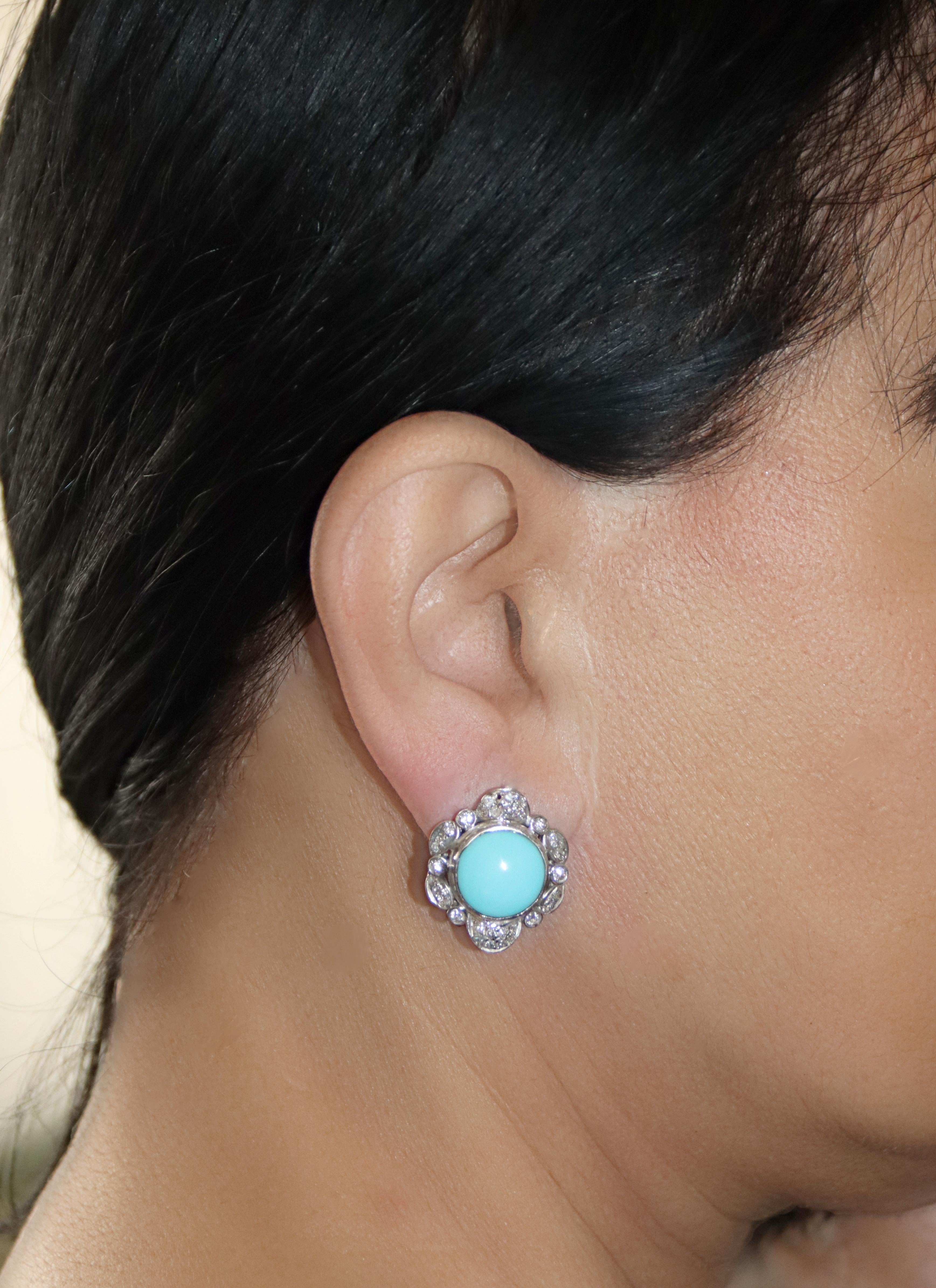 Turquoise Diamonds 18 Karat White Gold Clip-on Earrings For Sale 2