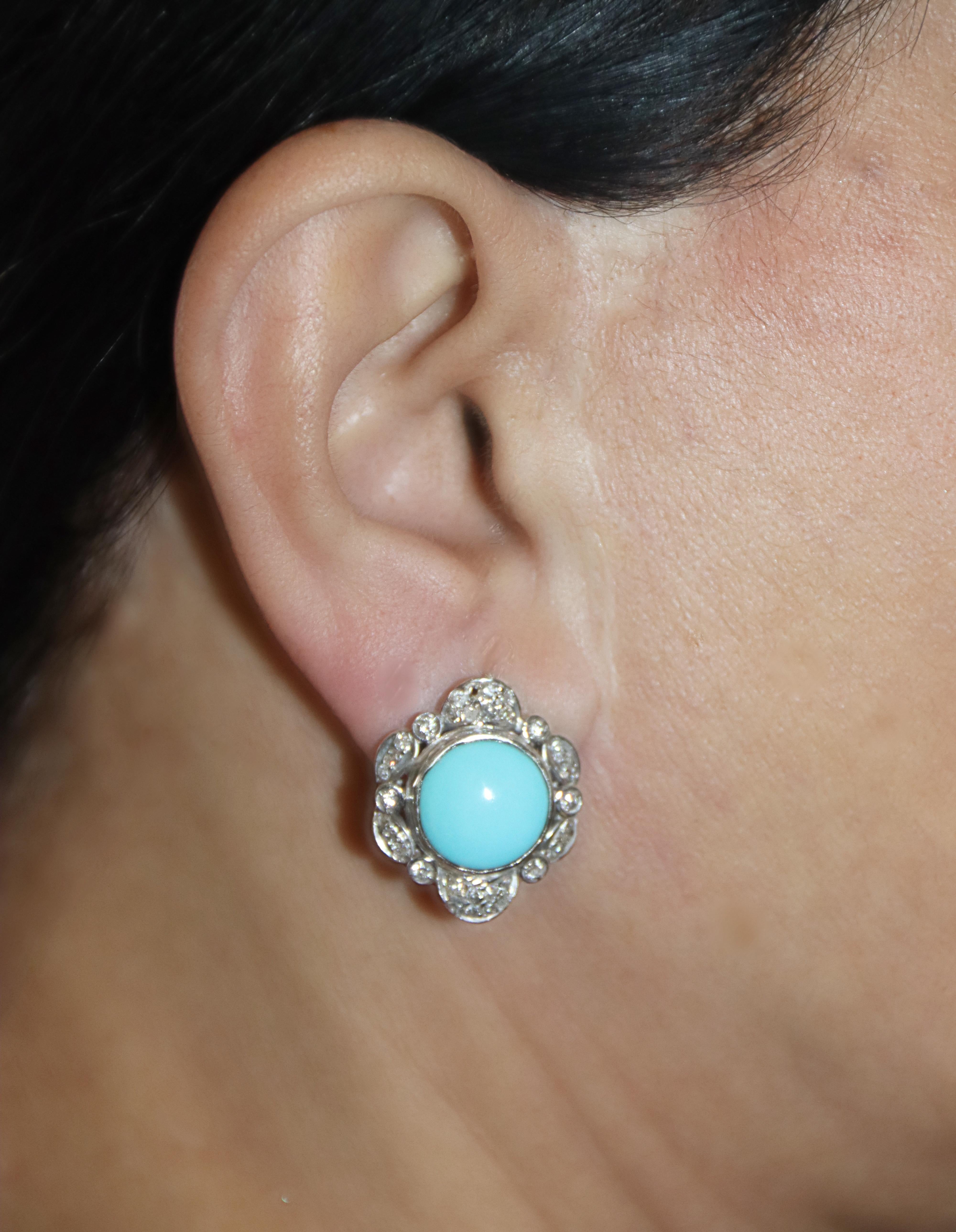 Turquoise Diamonds 18 Karat White Gold Clip-on Earrings For Sale 3