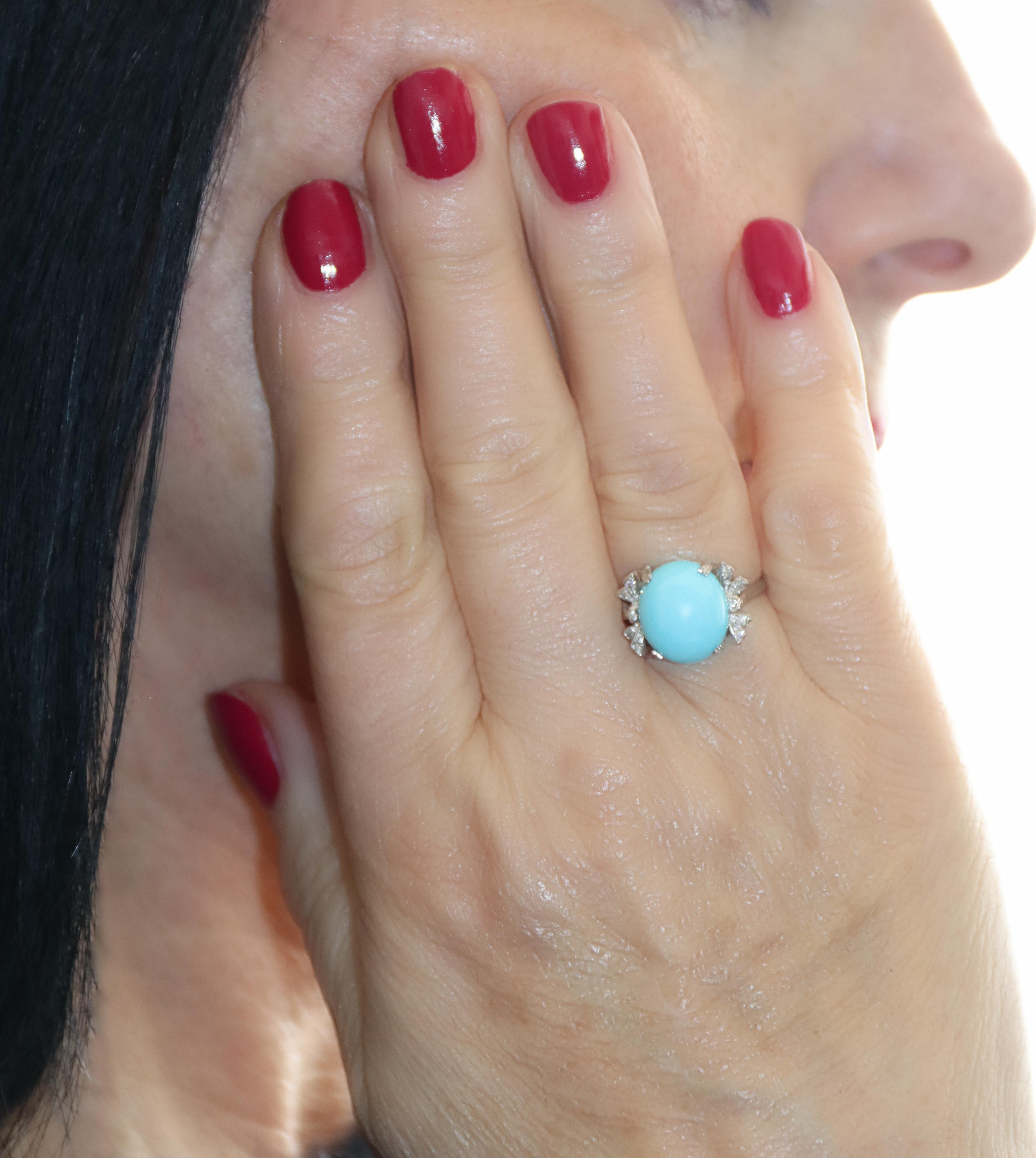 Turquoise Diamonds 18 Karat White Gold Cocktail Ring For Sale 4