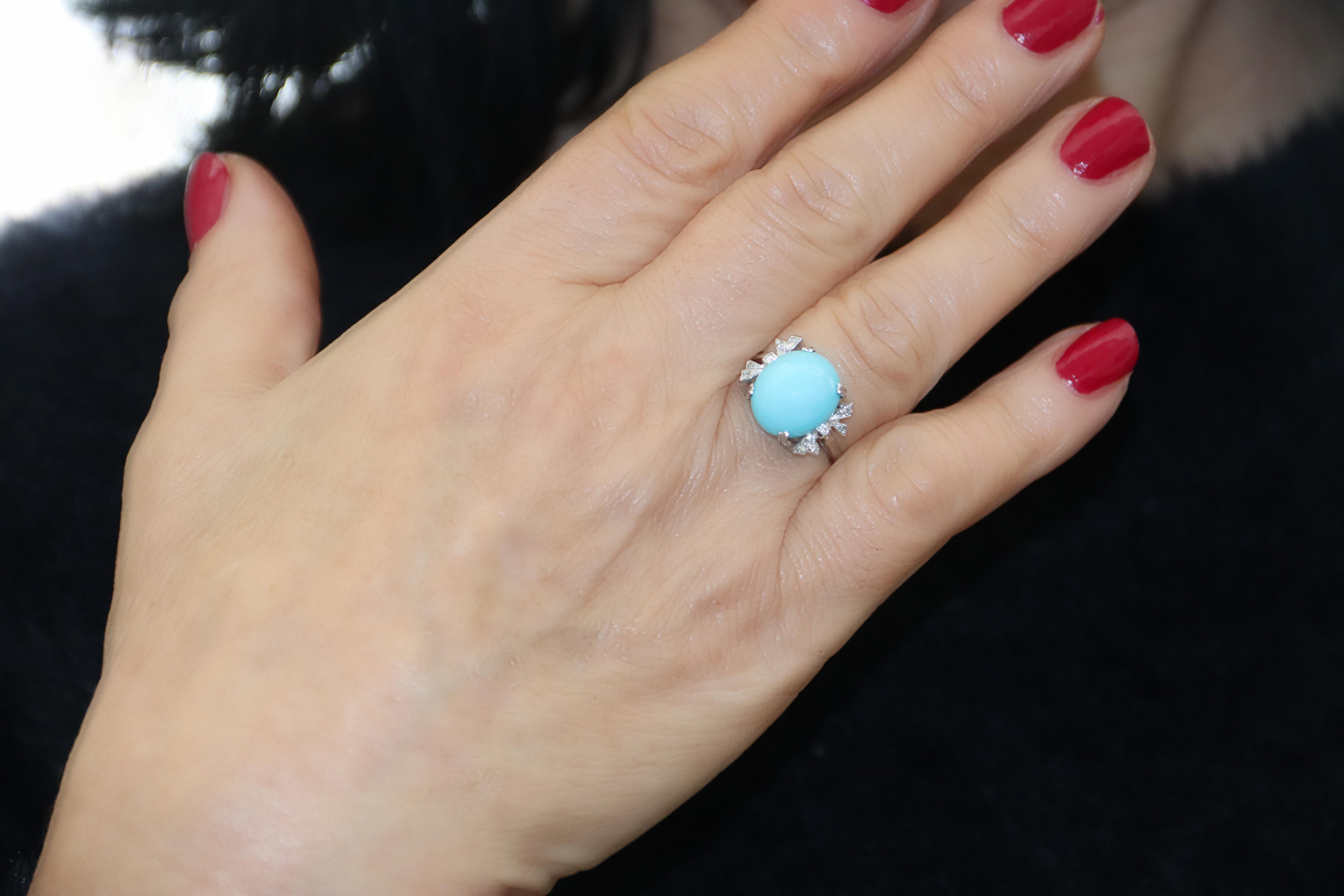 Turquoise Diamonds 18 Karat White Gold Cocktail Ring For Sale 5
