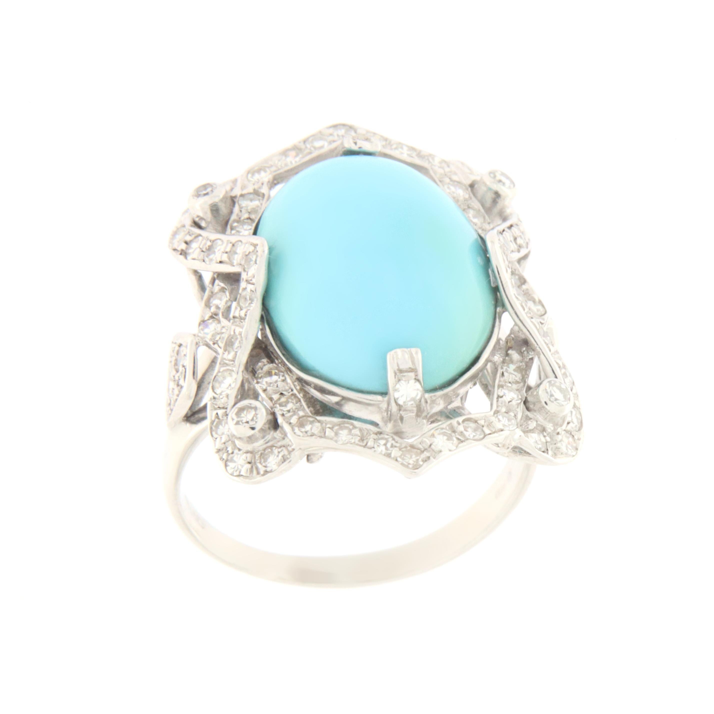 Artisan Turquoise Diamonds 18 Karat White Gold Cocktail Ring For Sale