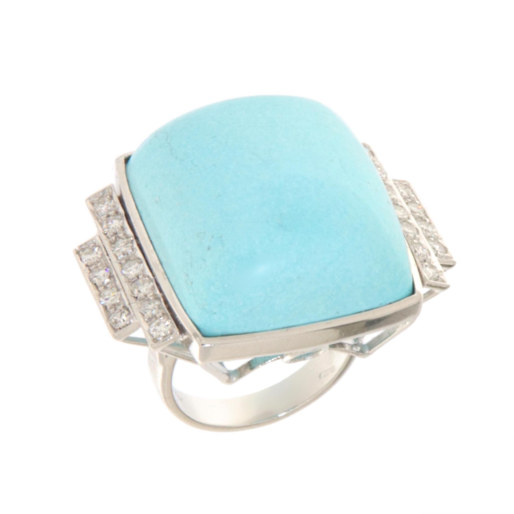 Artisan Turquoise Diamonds 18 Karat White Gold Cocktail Ring For Sale